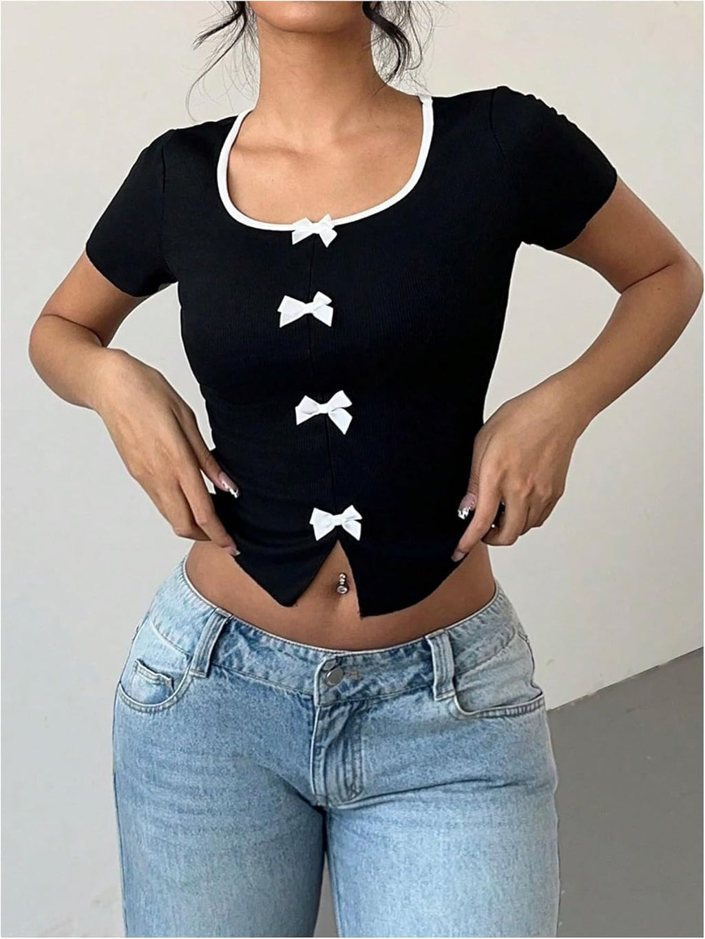 Women's Coquette Bow Tops Slit Colorblock Short Sleeve Summer T Shirts