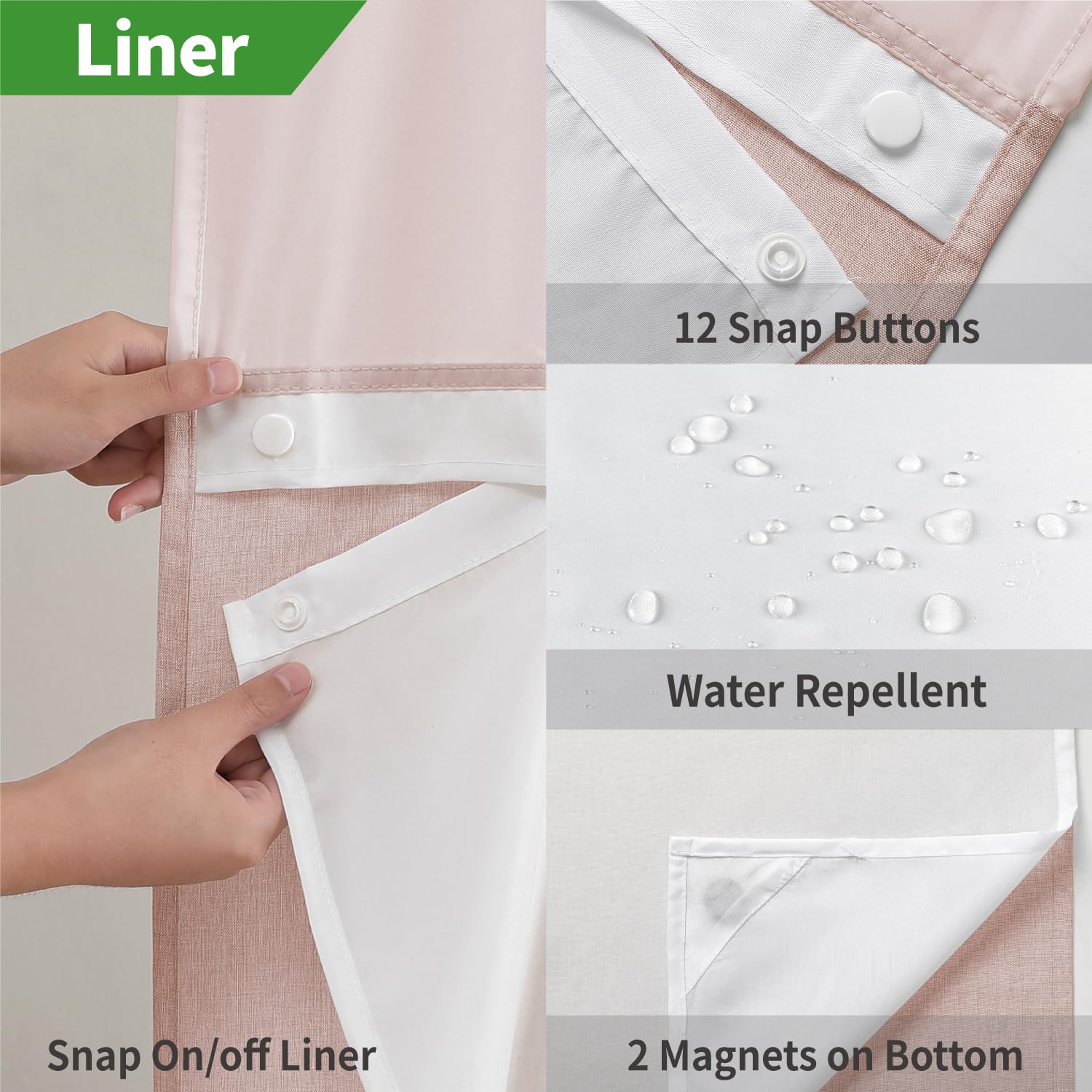 No Hooks Needed Linen Textured Shower Curtain with Snap-in Fabric Liner Set, Luxury Decor Shower Curtains for Bathroom with Mesh Top Window, Waterproof & Washable