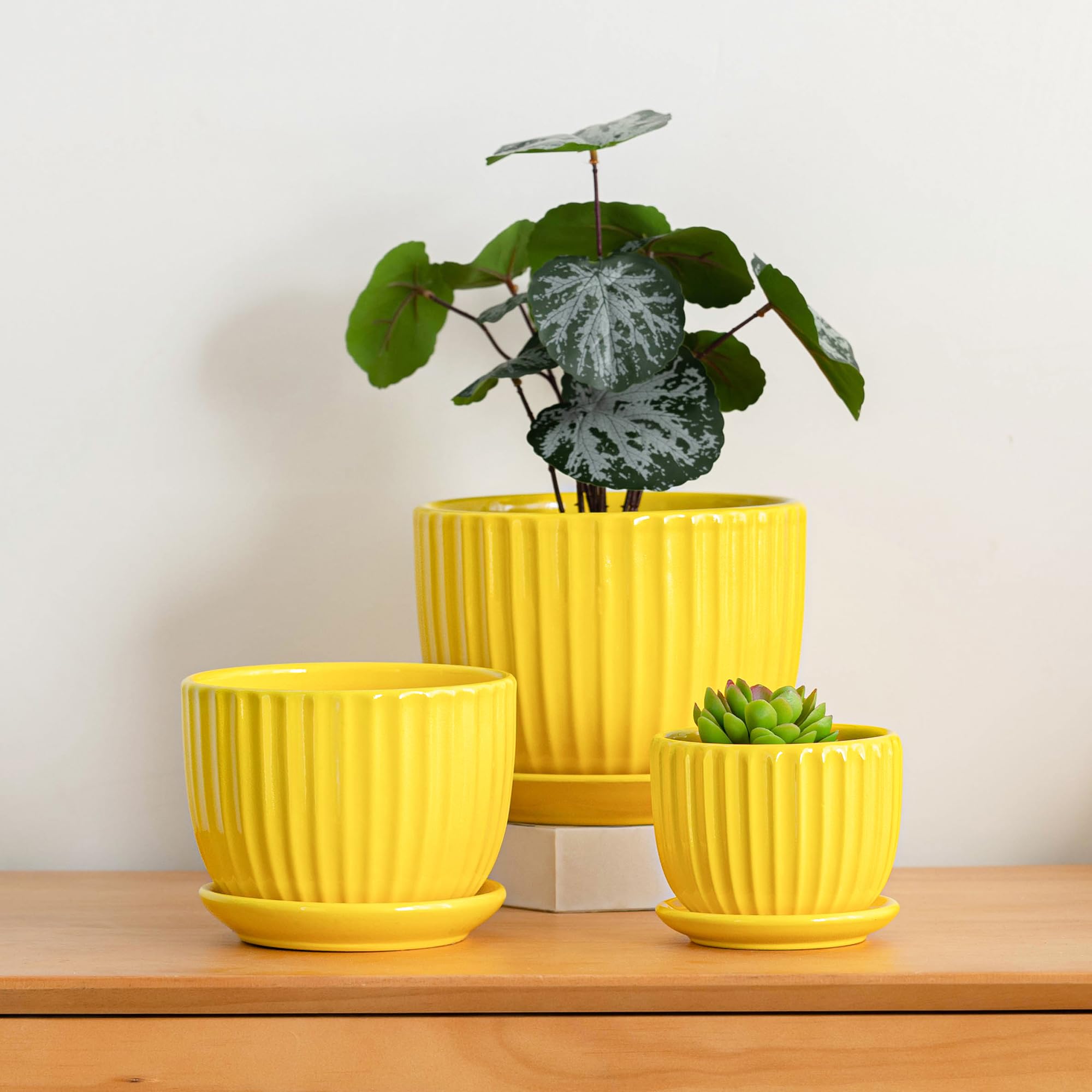 Ceramic Flower Pots, 4"+5"+6" Inch Small Glazed Succulent Planters with Drainage Hole, Modern Indoor Decorative Plant Pots Set of 3,Garden Pots with Saucer