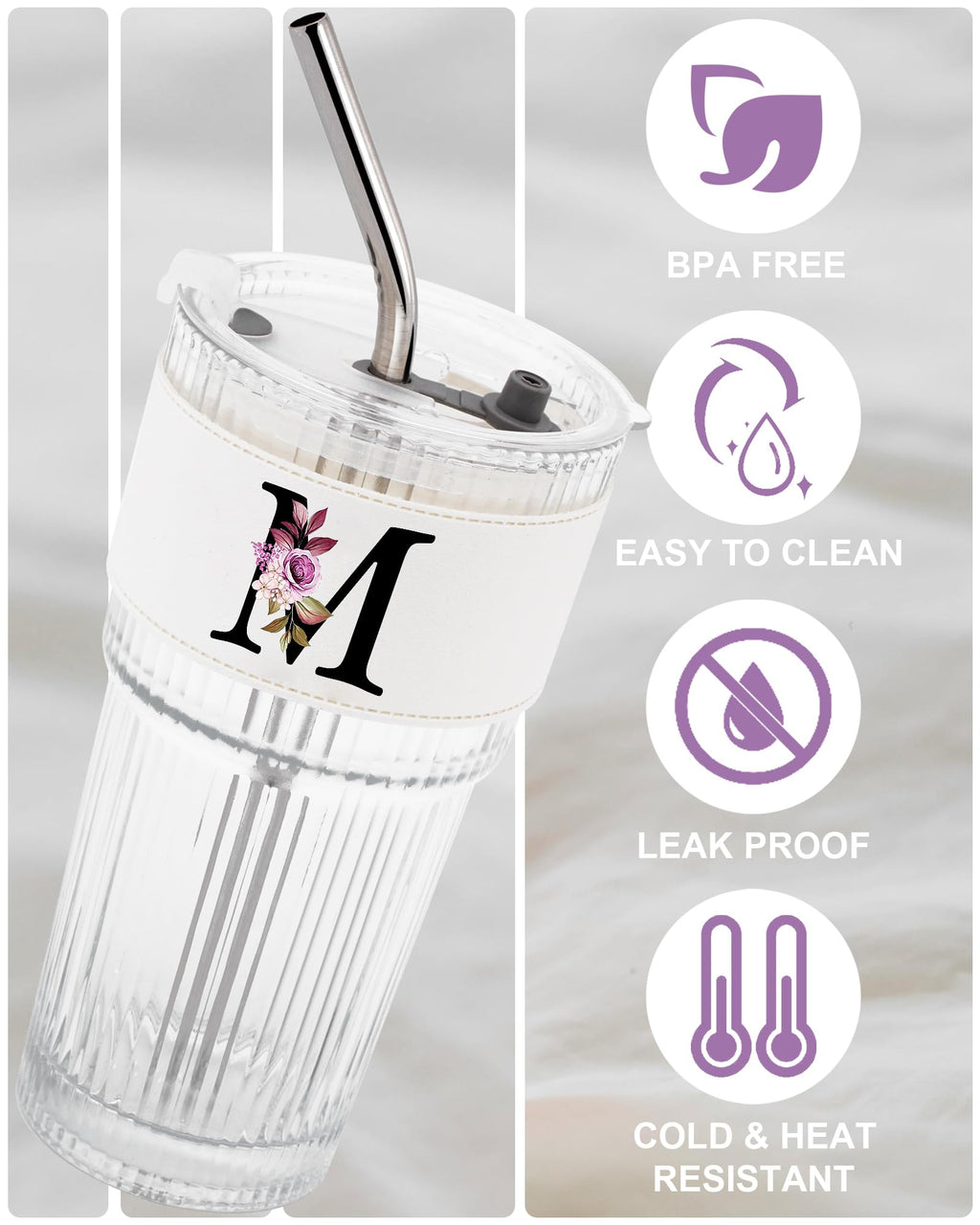 Initial Glass Cup with Lid Straw Ribbed Ice Tea Clear Tumbler Her Sister Coffee Matcha Latte Girlfriend Gf Aunt Best Friend Friendship Bestie Wife Cute Asthetic Unique Birthday Personalized Gift K