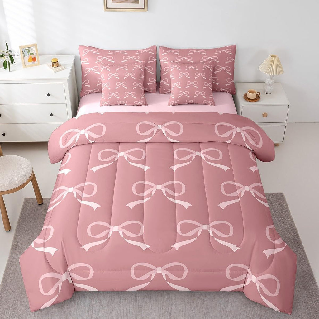 Princess Style Pink Bowknot Comforter Bedding Set, Bow Tie Pink White Dreamy Fairy Tale Bow (Comforter+Fitted+Flat Sheet+2 Pillowcases+2 Throw Pillow Covers) 7 Pieces Bed Set
