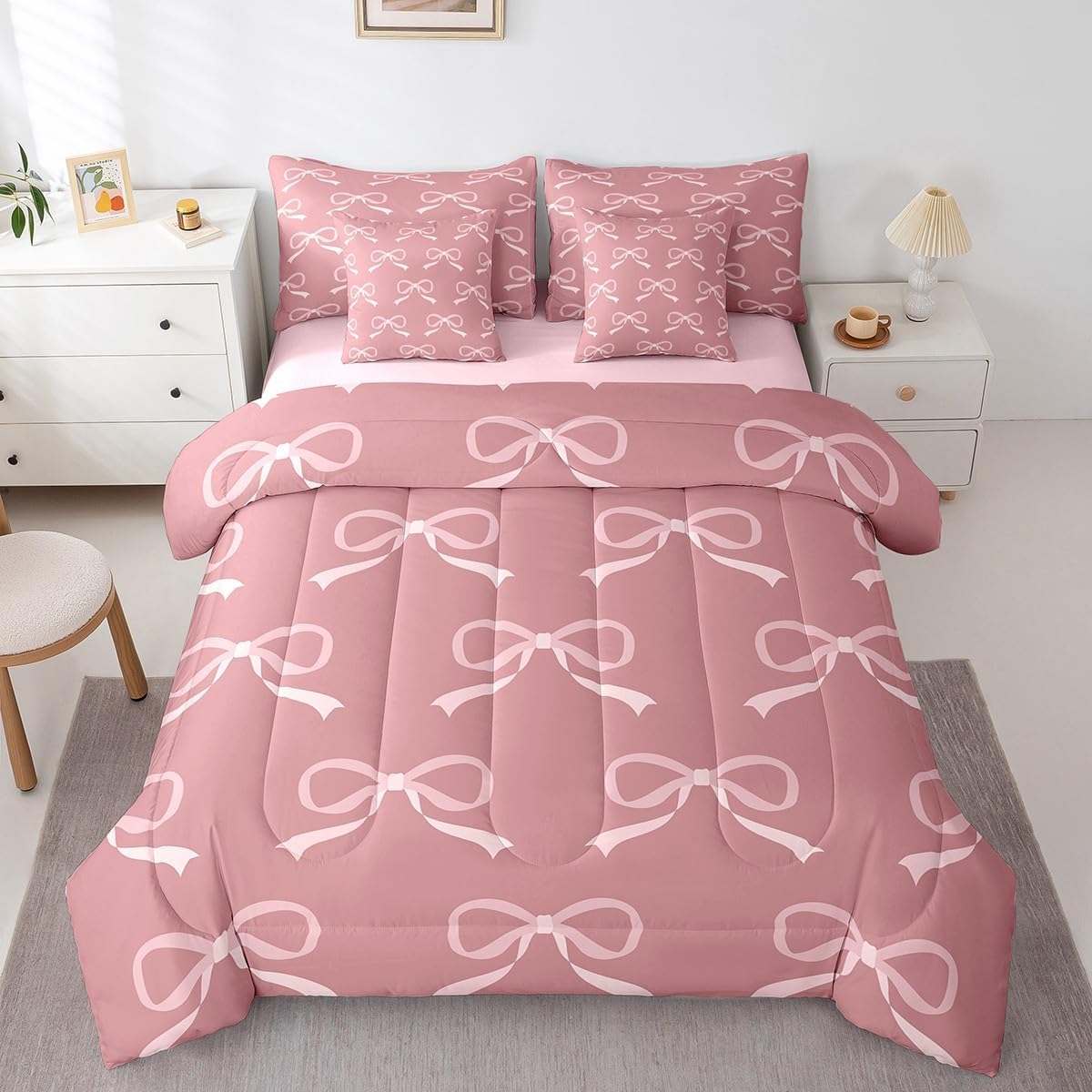Princess Style Pink Bowknot Comforter Bedding Set, Bow Tie Pink White Dreamy Fairy Tale Bow (Comforter+Fitted+Flat Sheet+2 Pillowcases+2 Throw Pillow Covers) 7 Pieces Bed Set