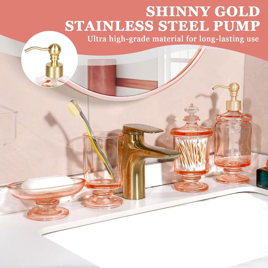 Pink Bathroom Accessories Set Glass Bow Decor 4Pcs, Lotion Soap Dispenser & Soap Dish & Toothbrush Holder & Cotton Swab Jar
