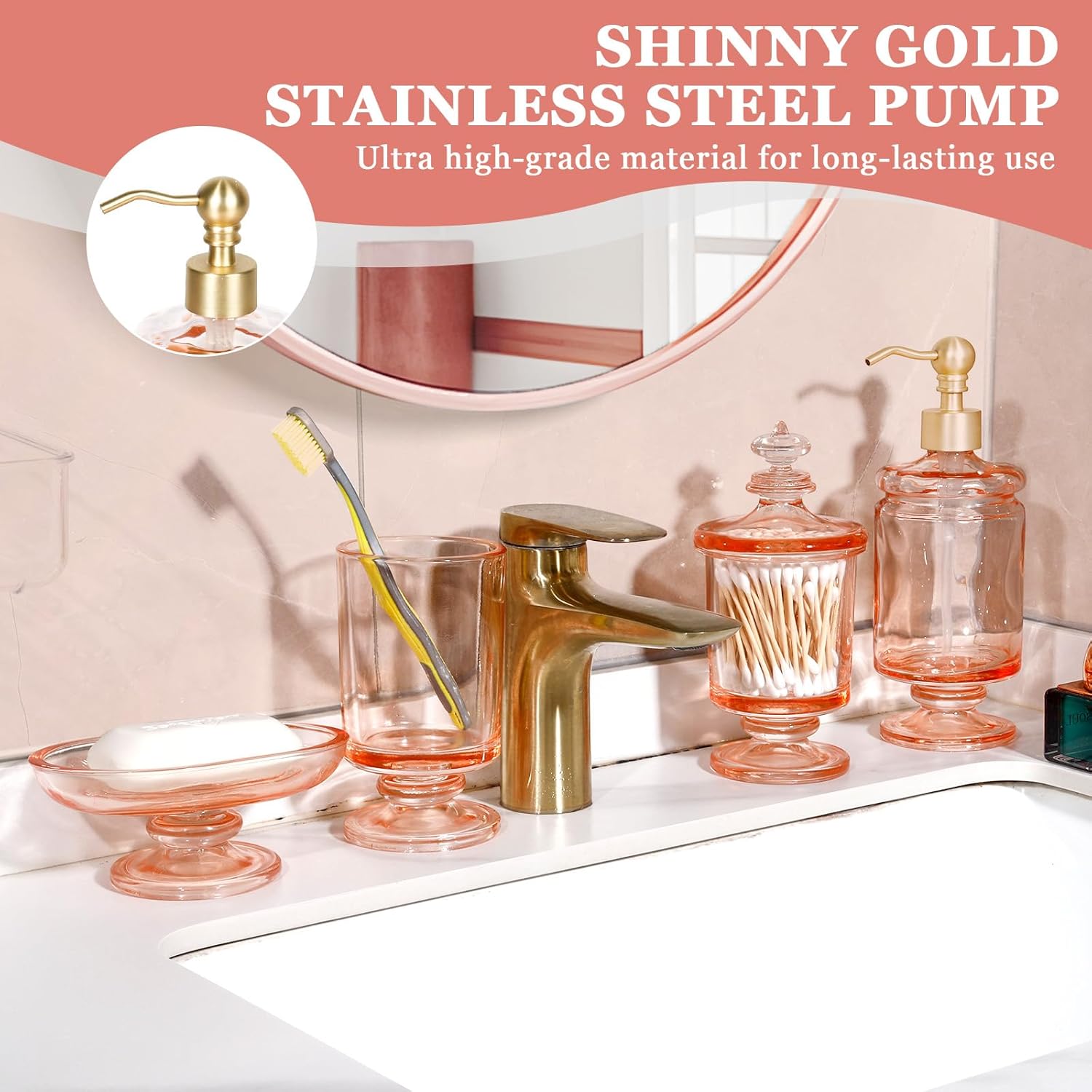 Pink Bathroom Accessories Set Glass Bow Decor 4Pcs, Lotion Soap Dispenser & Soap Dish & Toothbrush Holder & Cotton Swab Jar