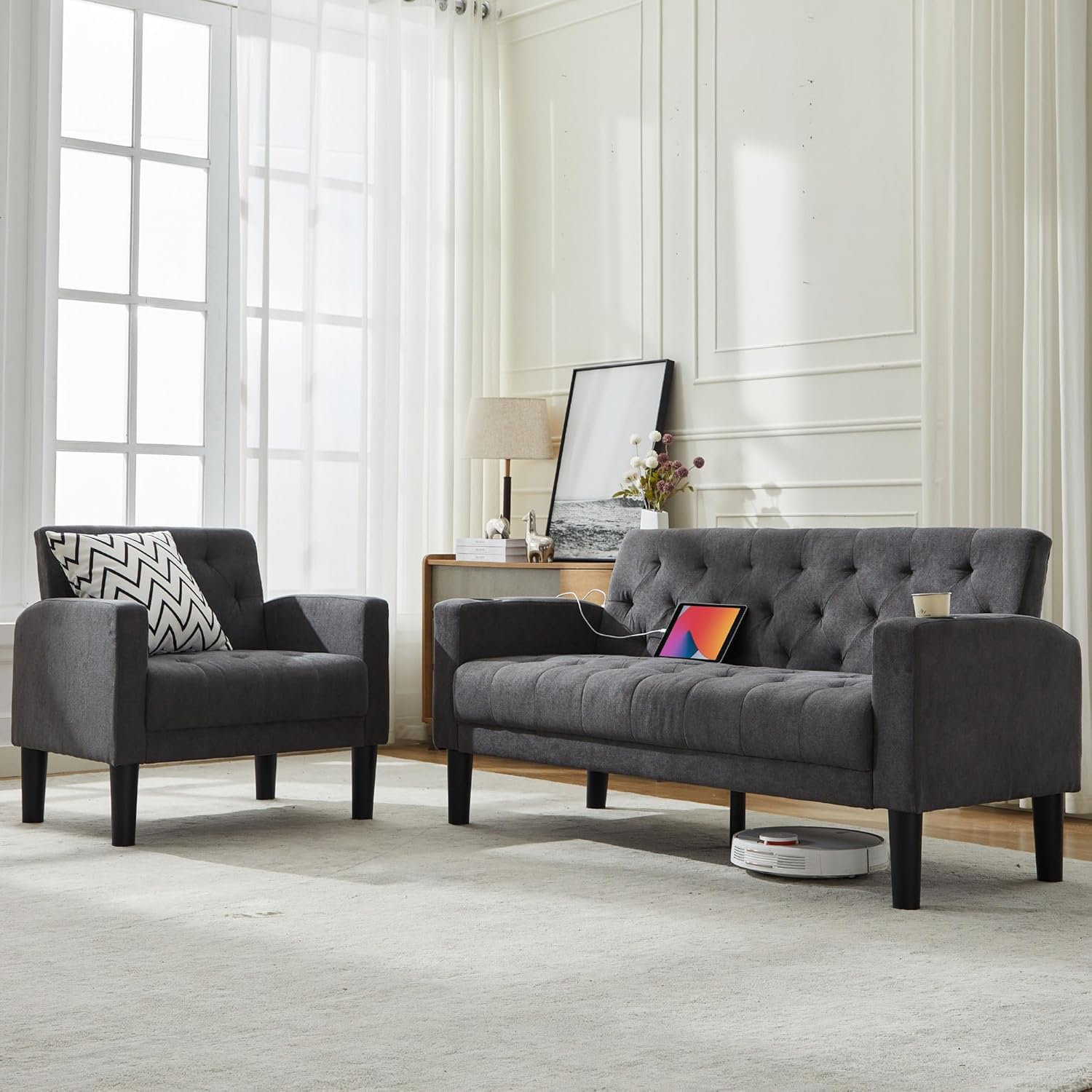 Velvet Loveseat Sofa w/ 2 USB Charger Ports and 2 Cupholders, Mid-Century Modern Tufted