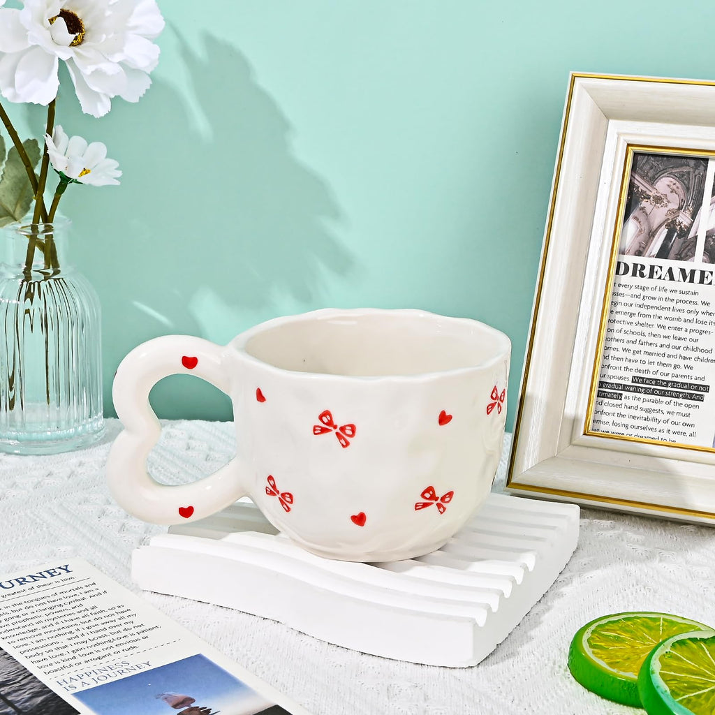 Ribbon Bow Ceramic Mug, Cute Creative Heart Handle Mug Design, 10.5 oz/300 ml