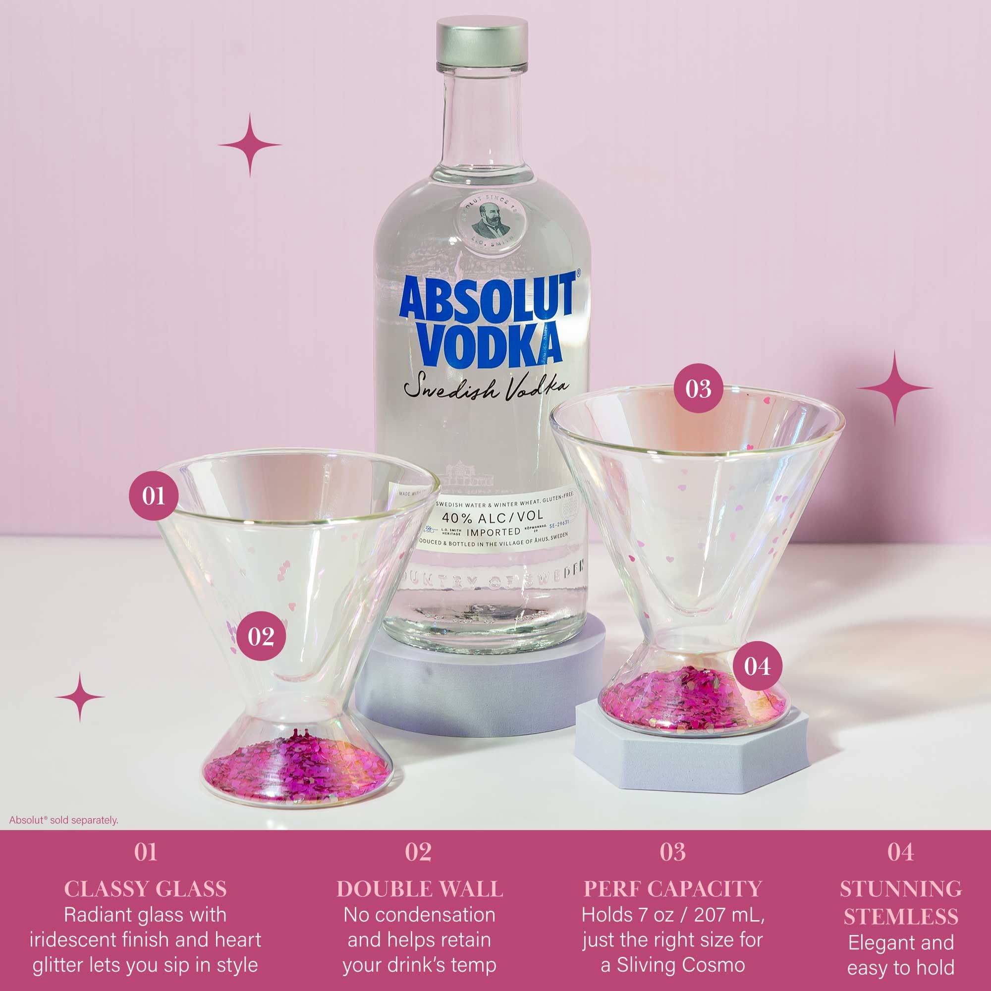 Paris Hilton 2-Piece Martini Glass Set, Double Wall Glass Design, Iridescent with Glitter Hearts - 207mL 7-Ounce