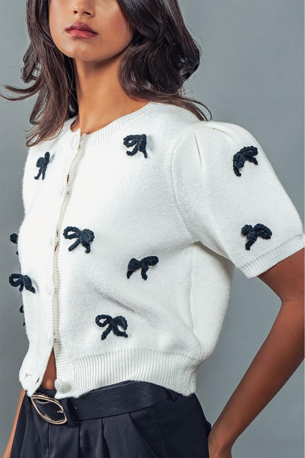 Women Short Sleeve Cardigans Cute Y2k Crop Tops Bow Tie Button Down Knitted Shirts Lightweight Cardigan Sweaters