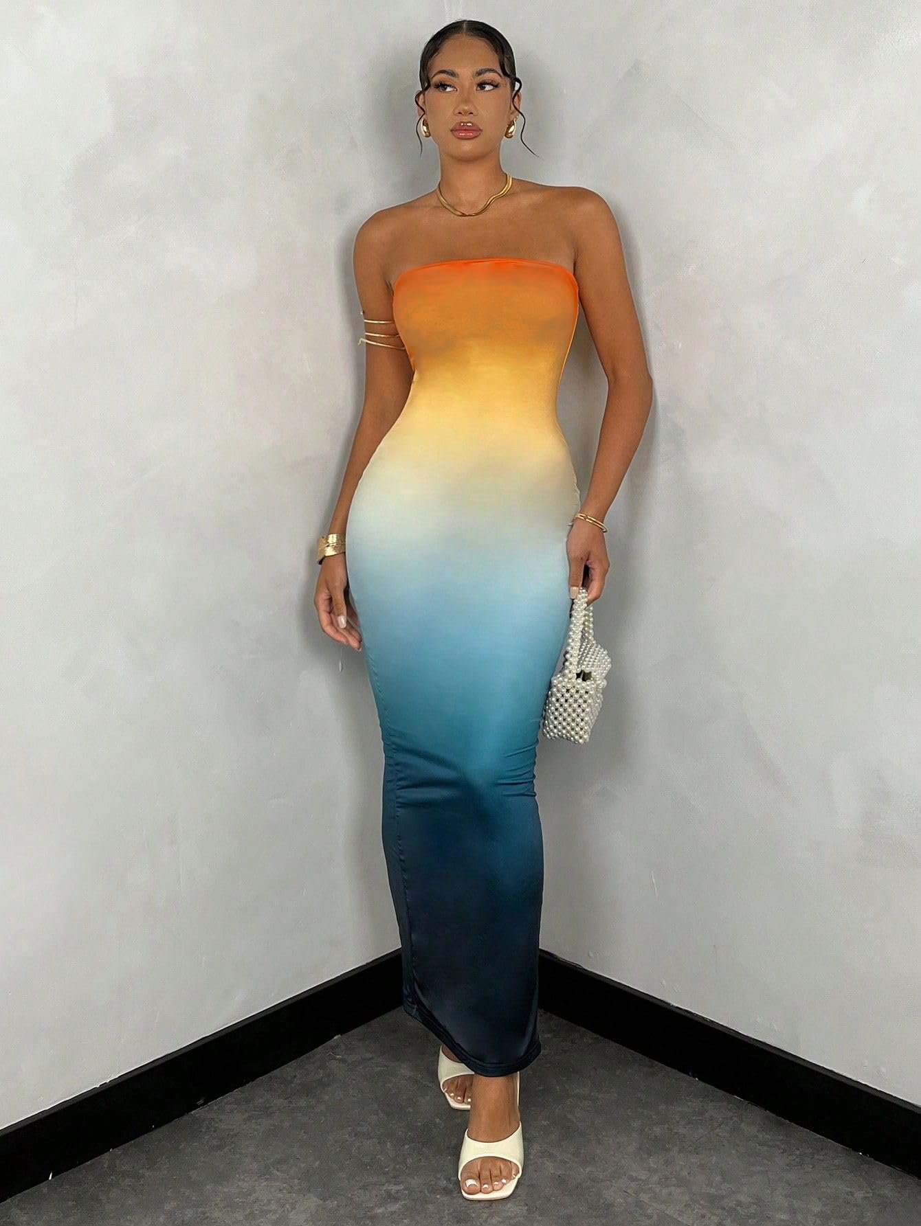Women's Summer Gradient Strapless Tube Dress Bodycon Long Dress Side Slit Mesh Layered