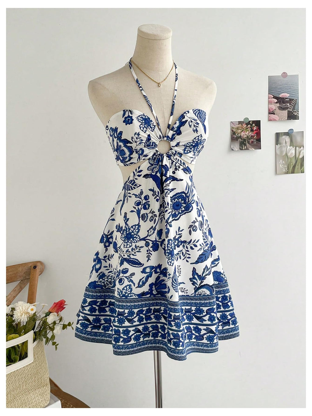 Women's Floral Halter Neck Vacation Dress Sleeveless Cut Out Boho Cami Dress