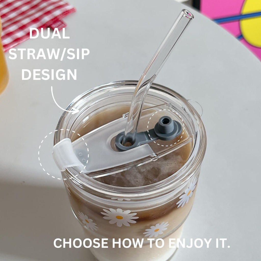 Glass Tumbler with Straw and Lid, Reusable Iced Coffee Cup Tumbler, Cute Glass Cups 13oz