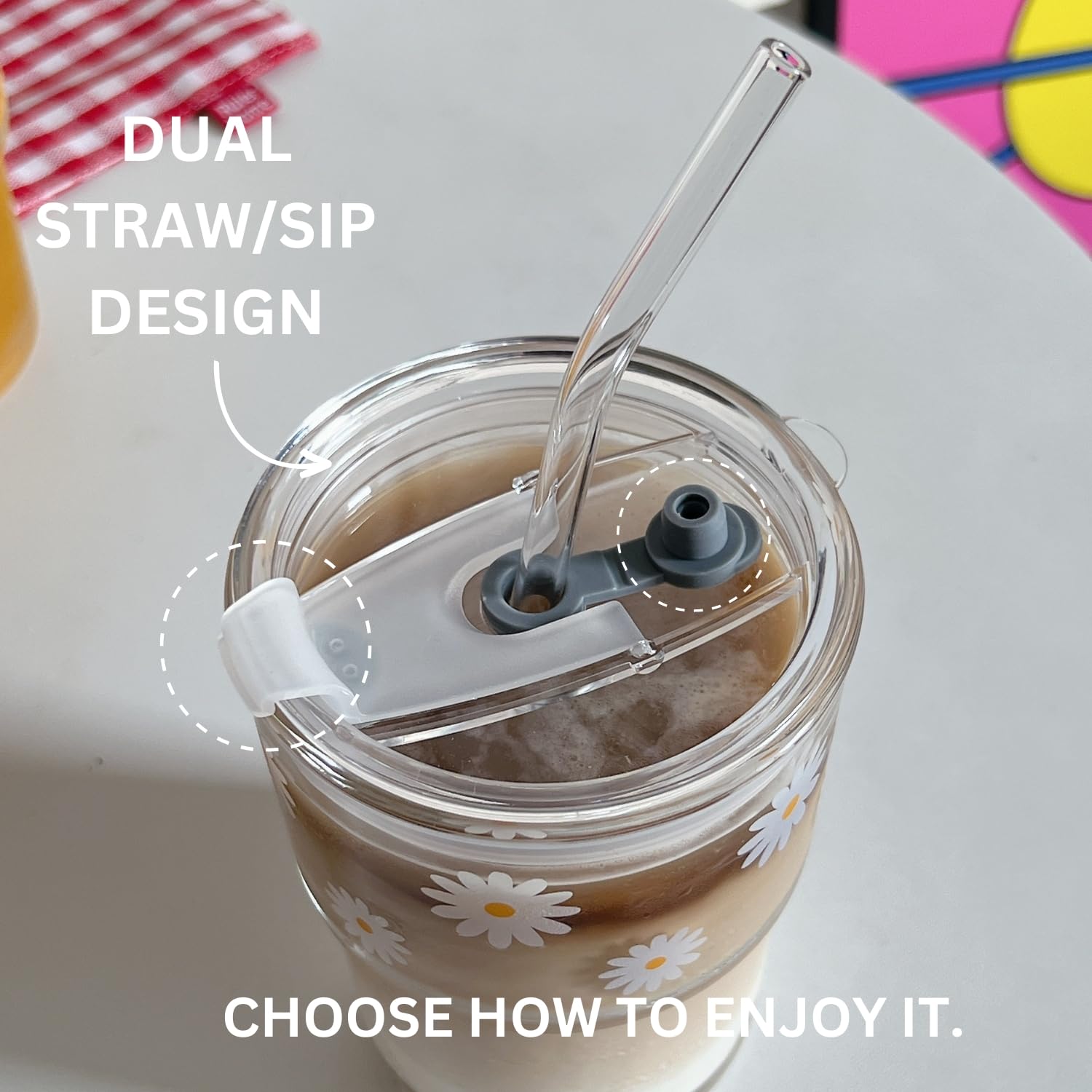 Glass Tumbler with Straw and Lid, Reusable Iced Coffee Cup Tumbler, Cute Glass Cups 13oz