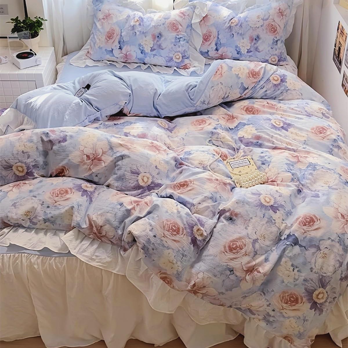 Duvet Cover 4pcs - Cotton Ultra Soft Ruffle Bedding Set includ 1 Duvet Cover with Zipper Ties,1 Fitted Sheet with Bed Skirt, 2 lace Pillow Shams for All Season