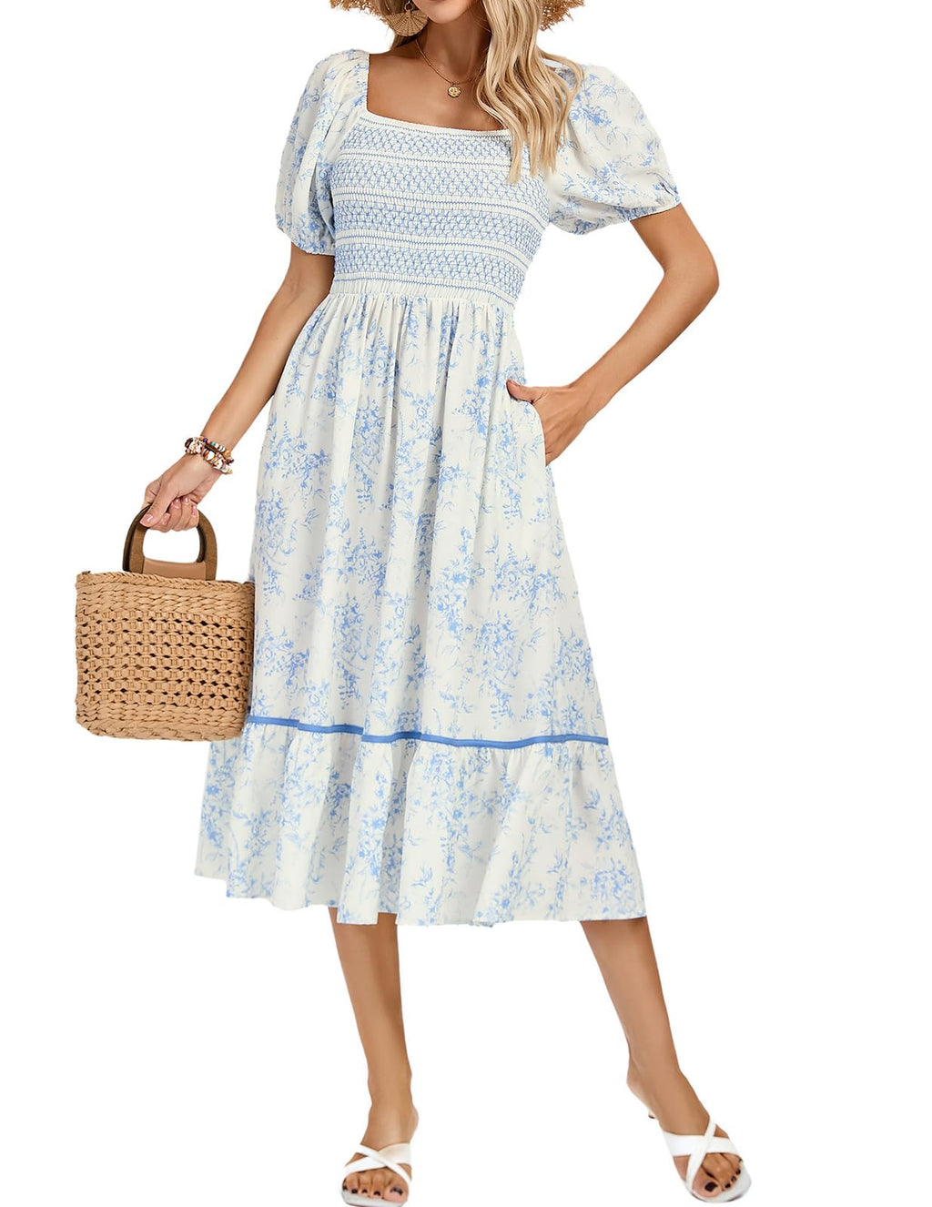 Kate Kasin Women's Summer Floral Boho Dresses Casual Square Neck Smocked Flowy Tiered Beach Midi Dress with Pockets