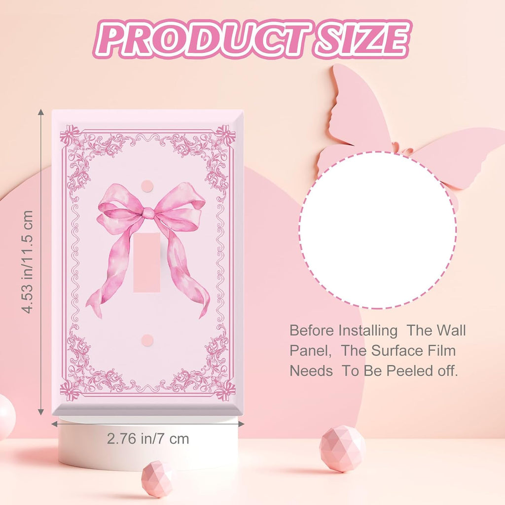 Pink Bow Light Switch Cover Plate 4 Pack Cute Outlet Covers Wall Plate with Screws Coquette Decor - 4.53 x 2.76 Inch