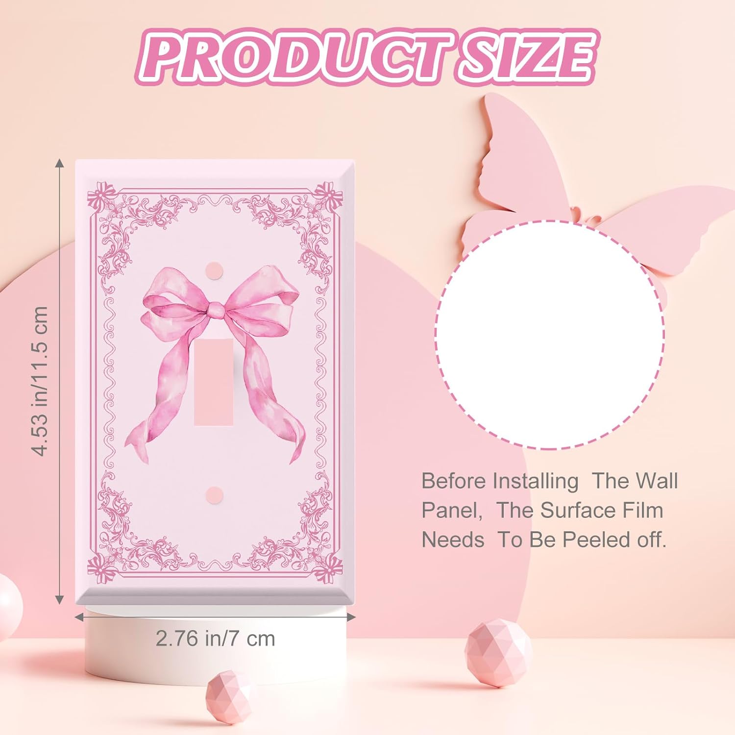 Pink Bow Light Switch Cover Plate 4 Pack Cute Outlet Covers Wall Plate with Screws Coquette Decor - 4.53 x 2.76 Inch