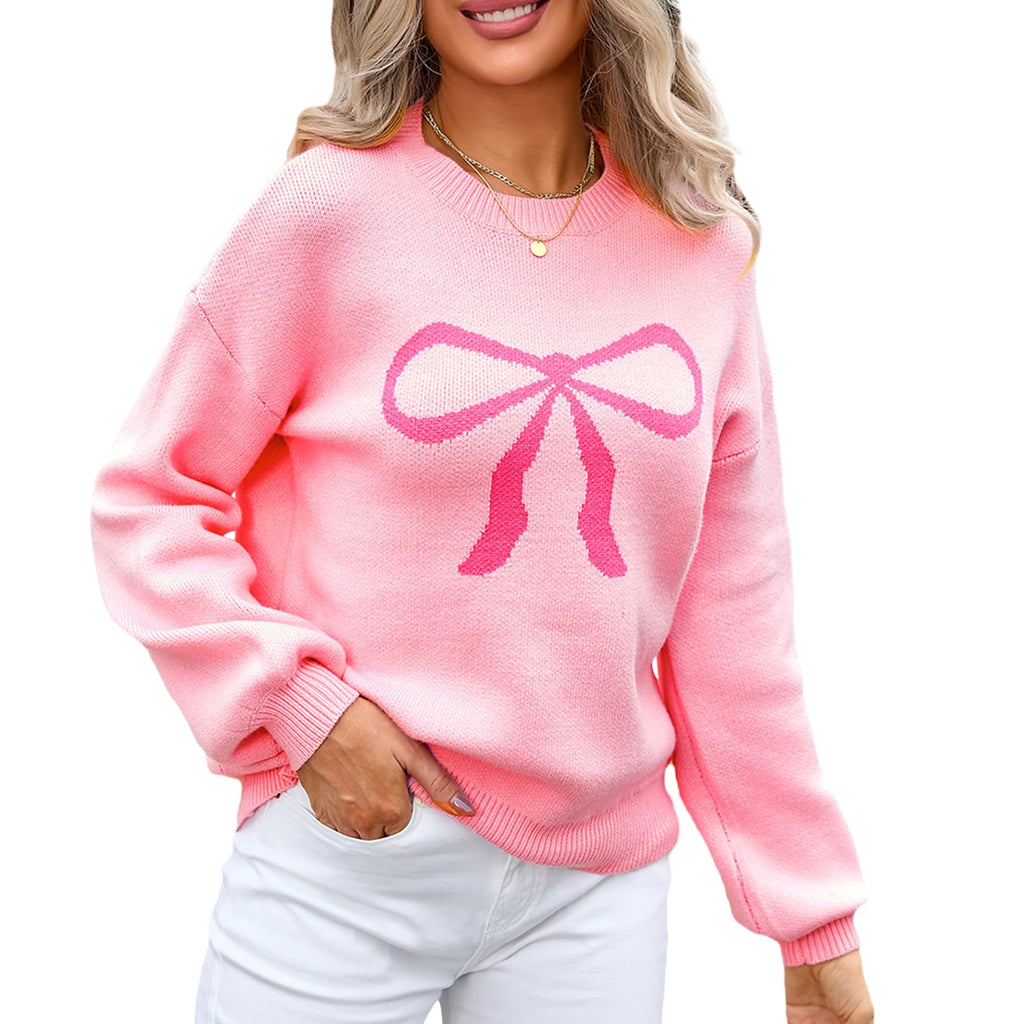 Women Oversized Y2K Fall Sweater Cute Bow Print Long Sleeve Cable Knit Pullover
