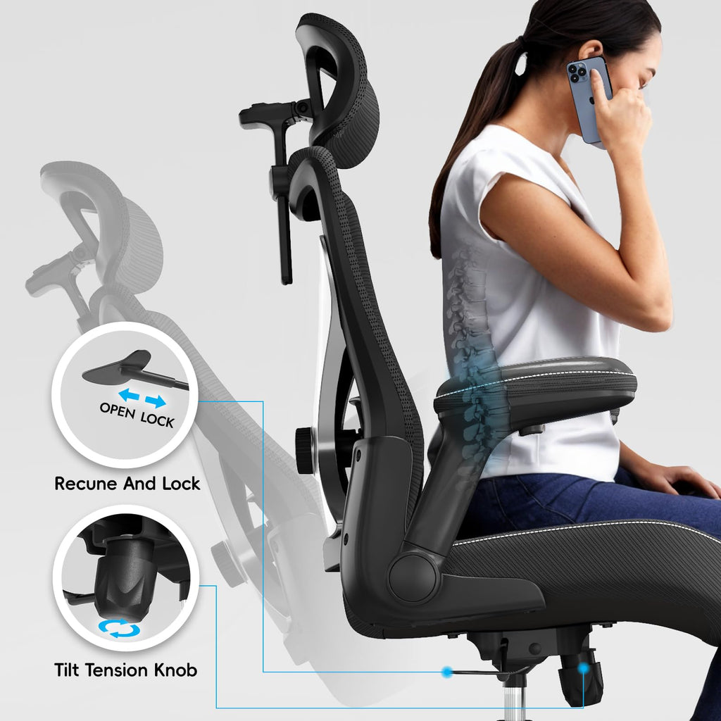 Ergonomic Desk Chair-Computer X-Shaped Chair Mesh PU Leather with Adjustable Lumbar Support-Executive Chair High Back with Headrest Flip-Up Arms for Long Hours