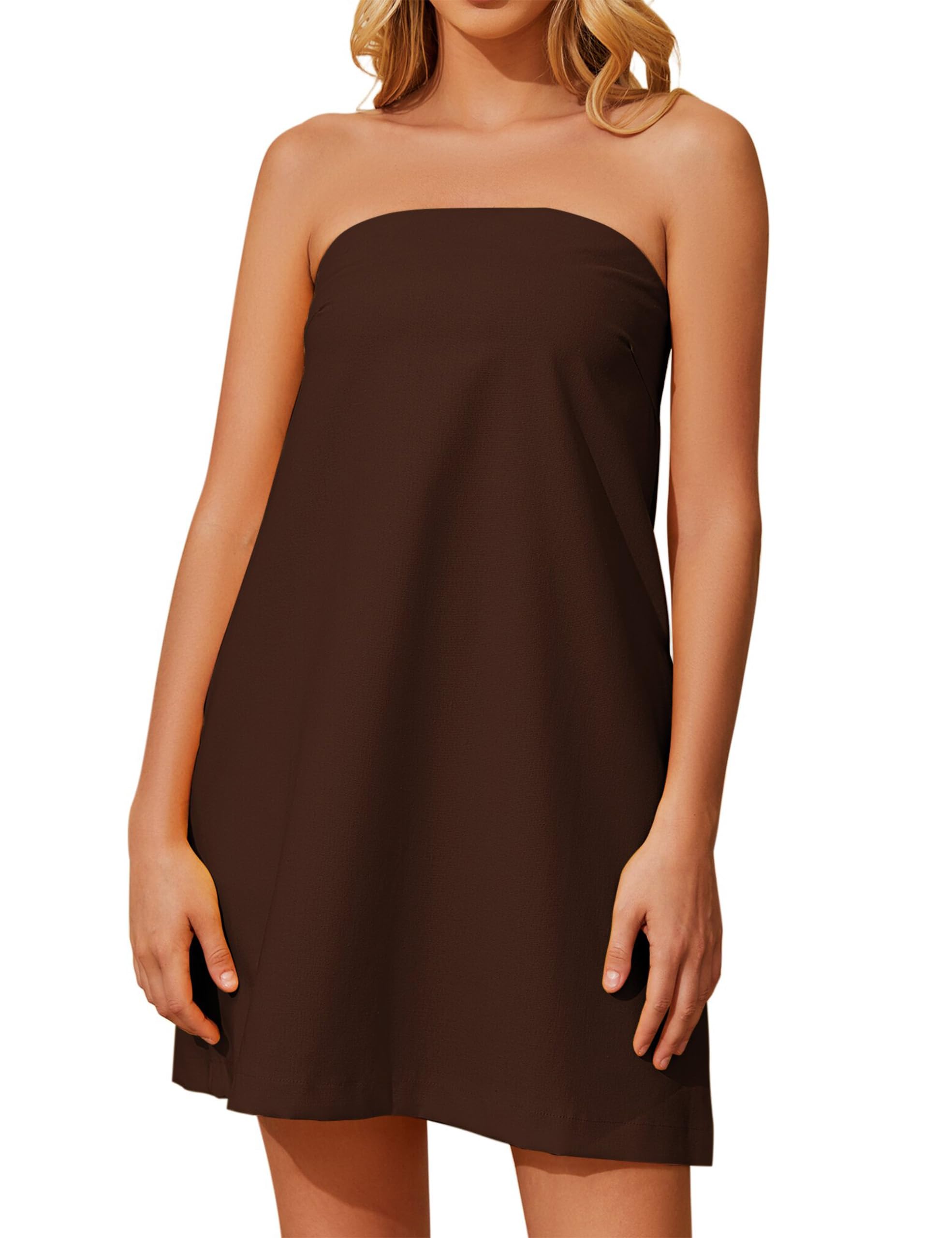 Women's Summer Tube Dress Strapless Backless Mini Tube Dress Smocked Cut Out Relaxed Mini Dresses with Pockets