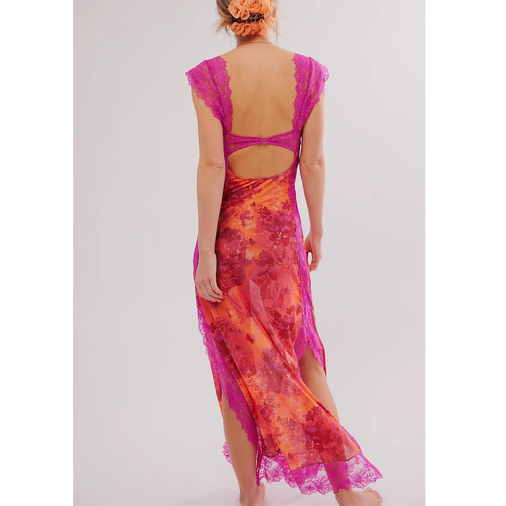 Women Sleeveless Maxi Dress Backless Bodycon Floral Printed Spaghetti Strap Long Dress Sheer Mesh Summer One-Piece