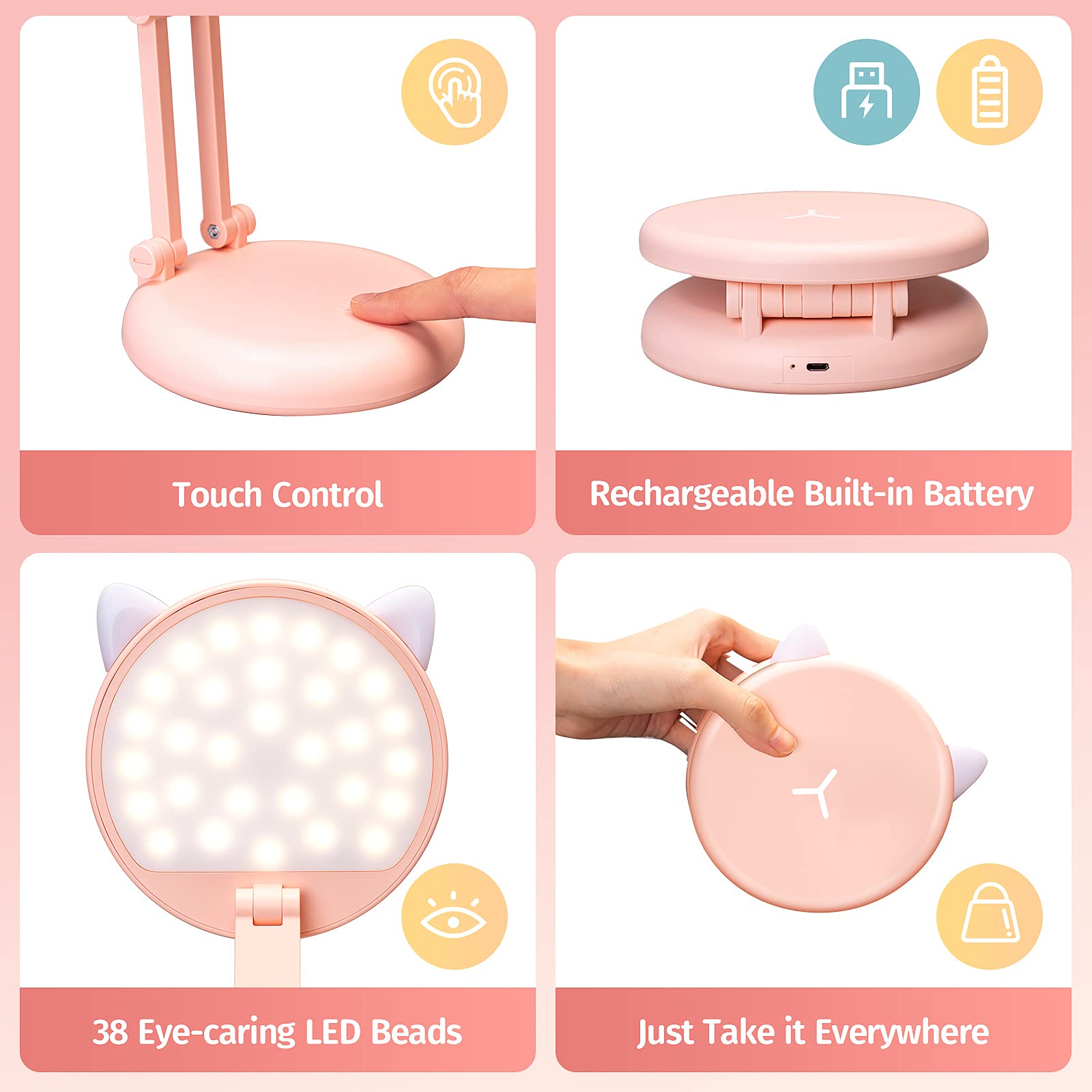 Folding and Portable Desk Lamp, Rechargeable with 9 Brightness Levels