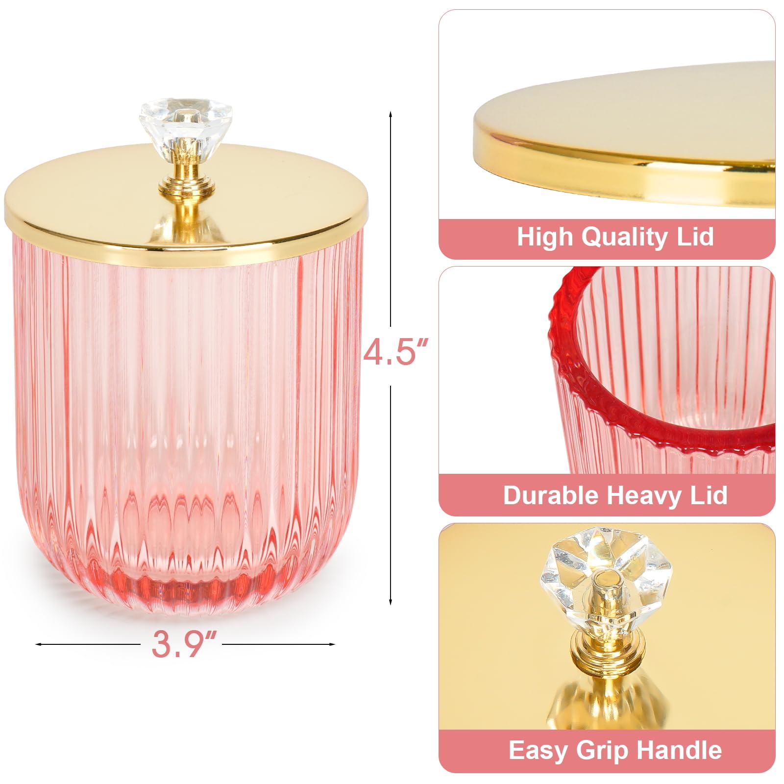 Cute Glass Apothecary Jars with Lid, Pink Cotton Ball Pad Round Container Holders and Vanity Canister Storage Jar for Makeup Sponges, Floss, Hair Accessories 2 Pack