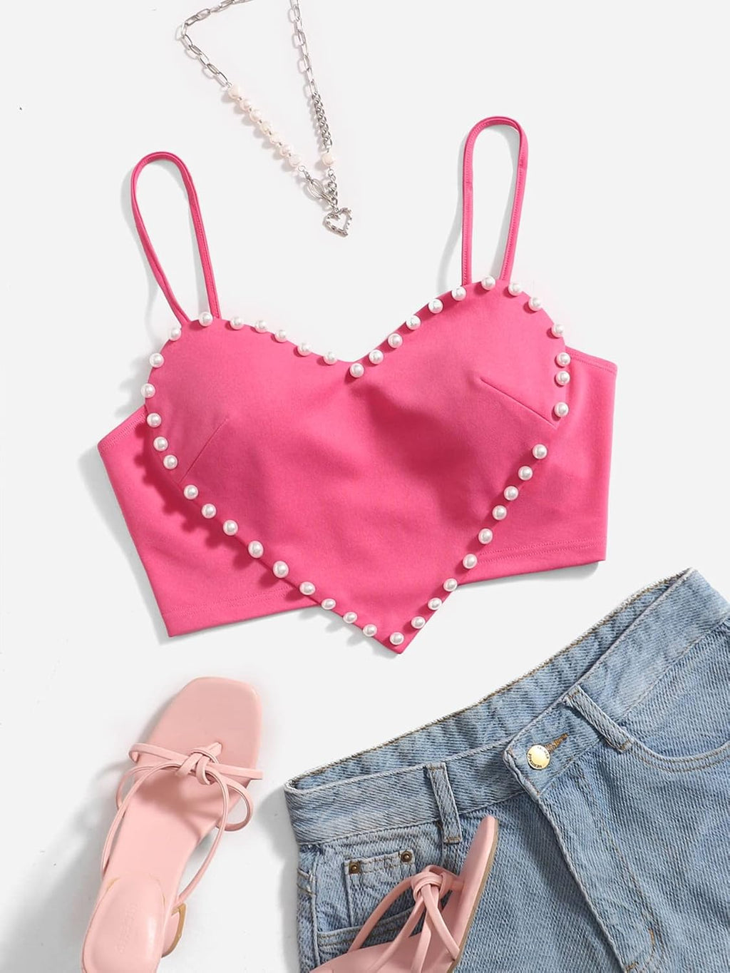 Women's Pearls Sleeveless Asymmetrical Hem Heart Crop Cami Top Sexy Camisole