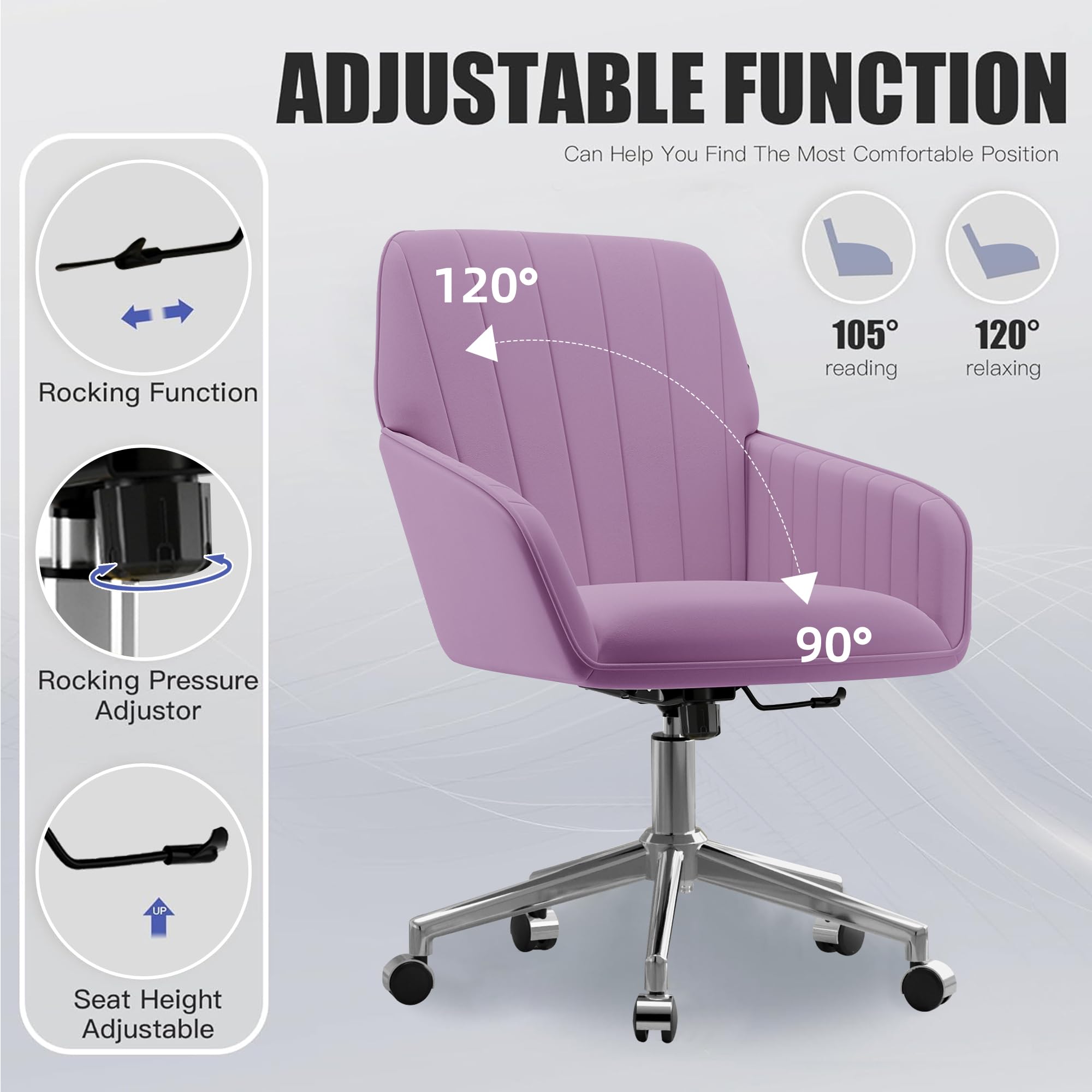 Velvet Modern Cute Chair with Back, Height Adjustable Upholstered Vanity Chair with Swivel Wheels