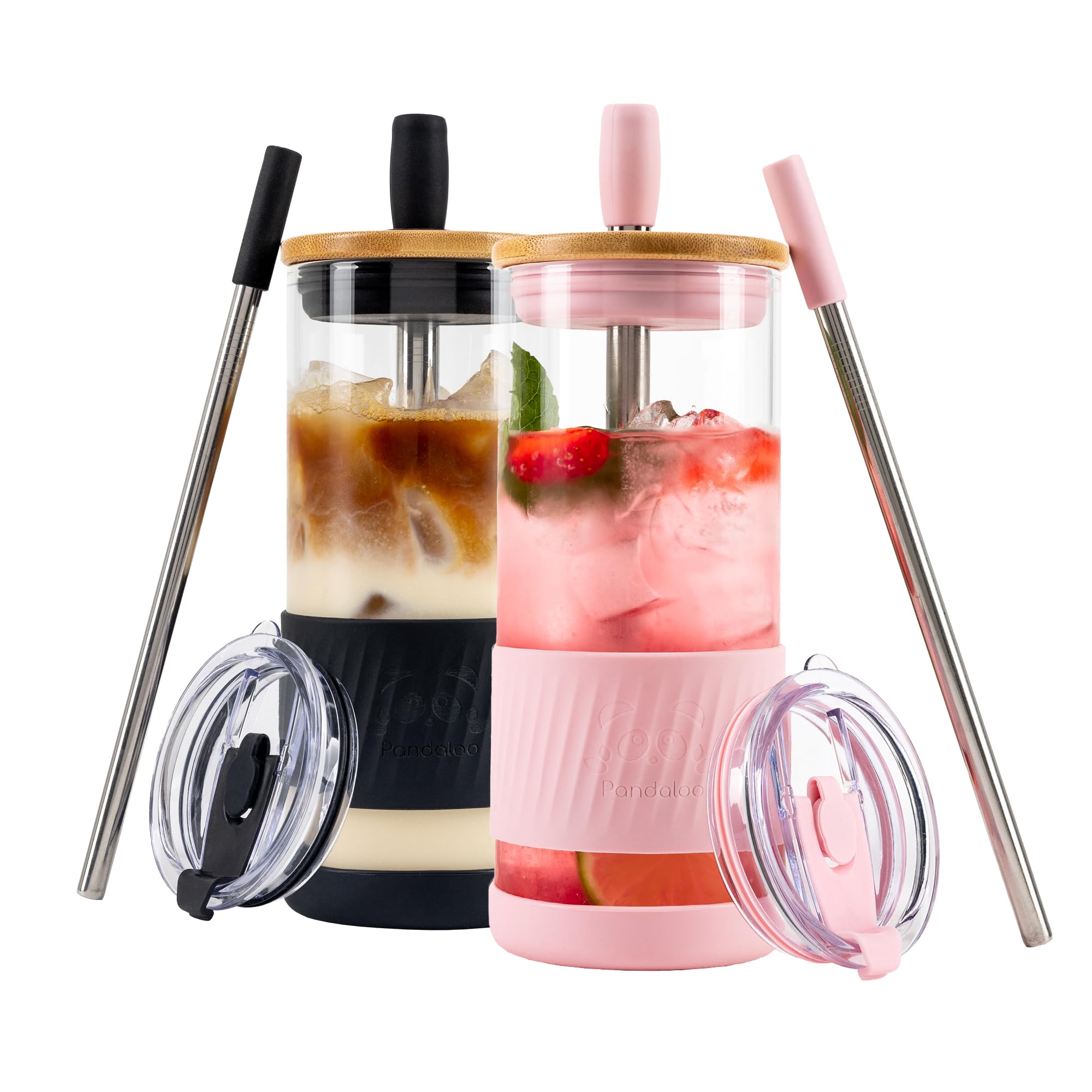 Pandaloo® Glass Cups With Lids and Straws -20 Fl Oz- Perfect Size Iced Coffee Cup - Smoothie Cup With Bamboo Lid and On the go Lid - Glass Tumbler With Straw