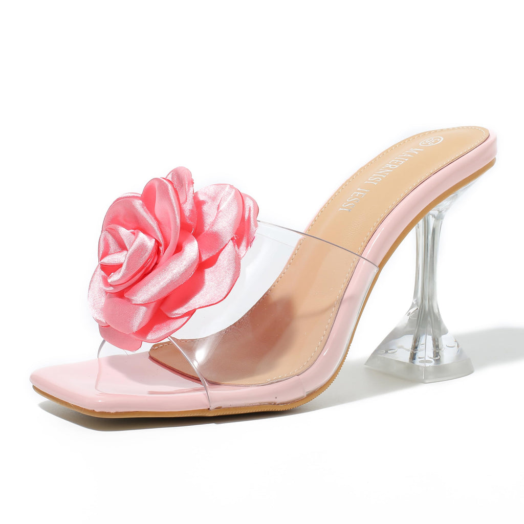 Women Flowers High Heels Mules Sandals Square Toe Slip On Sandals