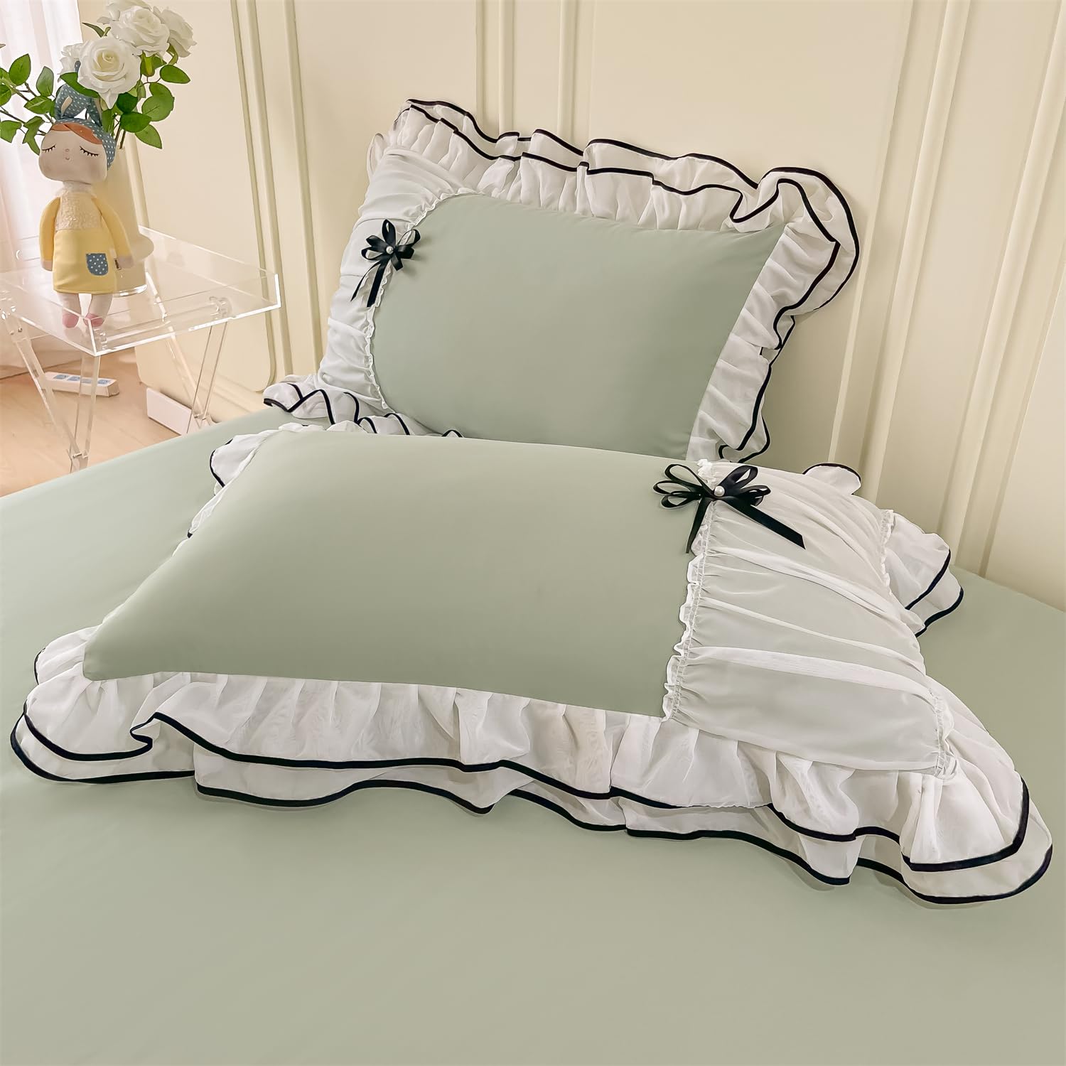 Duvet Cover Ruffle Beddding Set with Bowtie - 3 Pieces Comforter Cover Set with Zipper Closure & Pillowcase - Comforter Not Included
