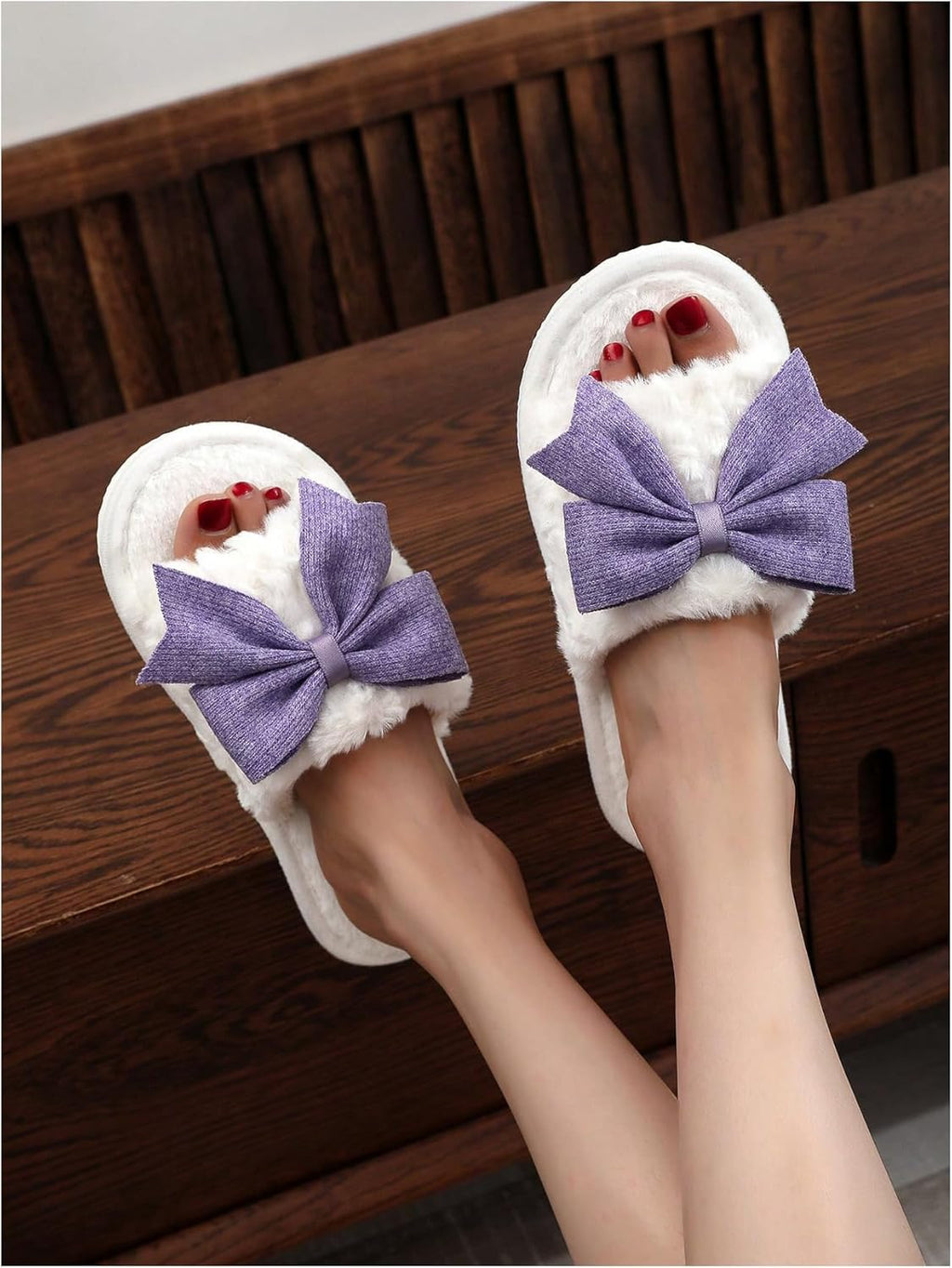 Women's Cute Bow Decor Fuzzy Open Toe Indoor Home Slippers Fashionable Warm Comfy Furry Outdoor Slippers