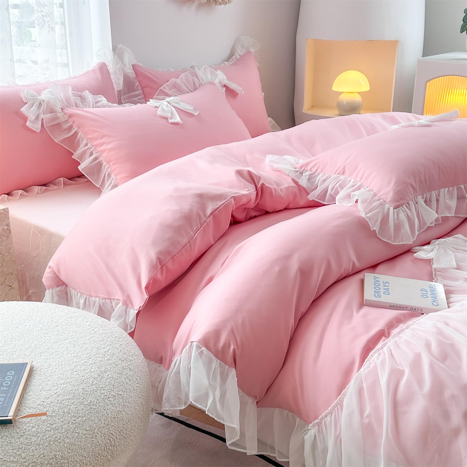Girls Lace Bedding,Queen Comforter Cover Set, Chic Ruffled Duvet Cover with Lovely Bow,Princess Style 1 Duvet Cover with 2 Pillowcases, No Comforter-Hot Pink,Full Size