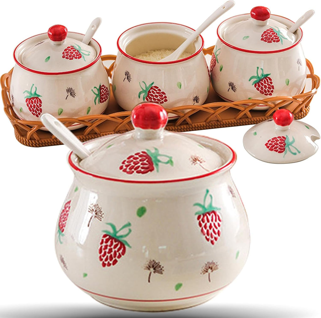 Red Strawberry Ceramic Condiment Jars with Lids and Spoons, 3 Piece Porcelain Seasoning Jar Set Container Pot with Serving Tray
