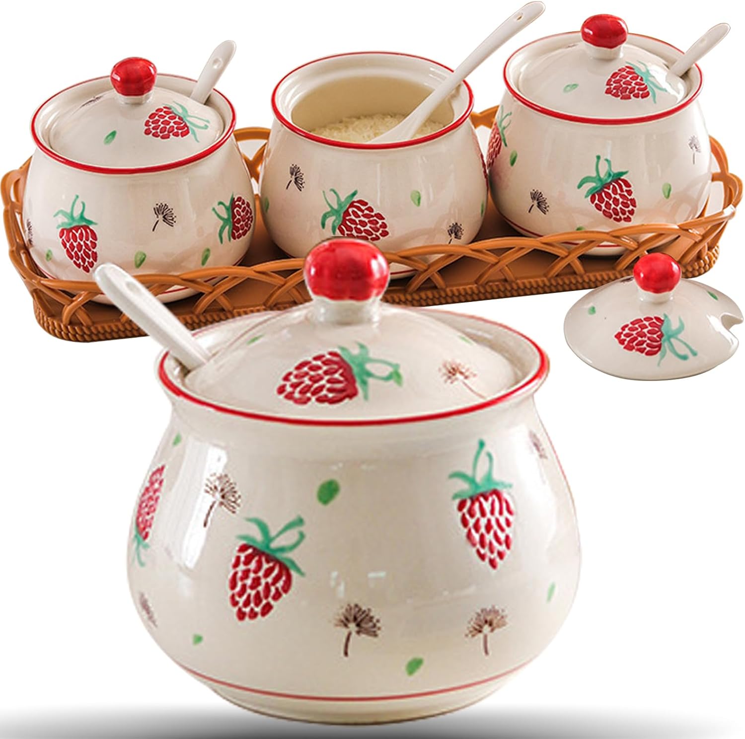 Red Strawberry Ceramic Condiment Jars with Lids and Spoons, 3 Piece Porcelain Seasoning Jar Set Container Pot with Serving Tray