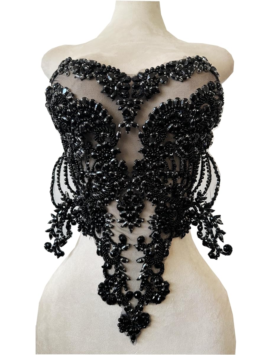 Handmade red/Blue/Gold/Green Rhinestones lace Bodice Applique Sewing Beads Crystal Trim Patches Accessory for Dress Clothes (Rose red)