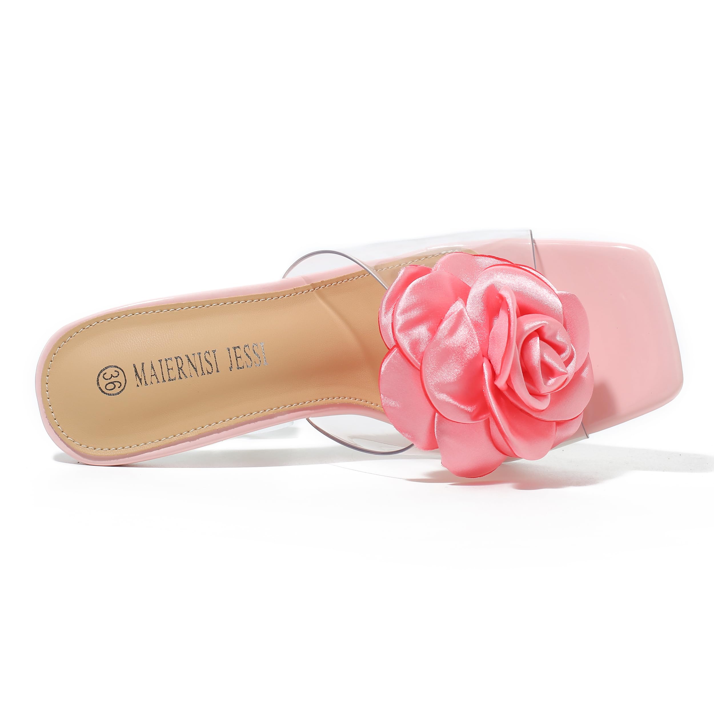 Women Flowers High Heels Mules Sandals Square Toe Slip On Sandals