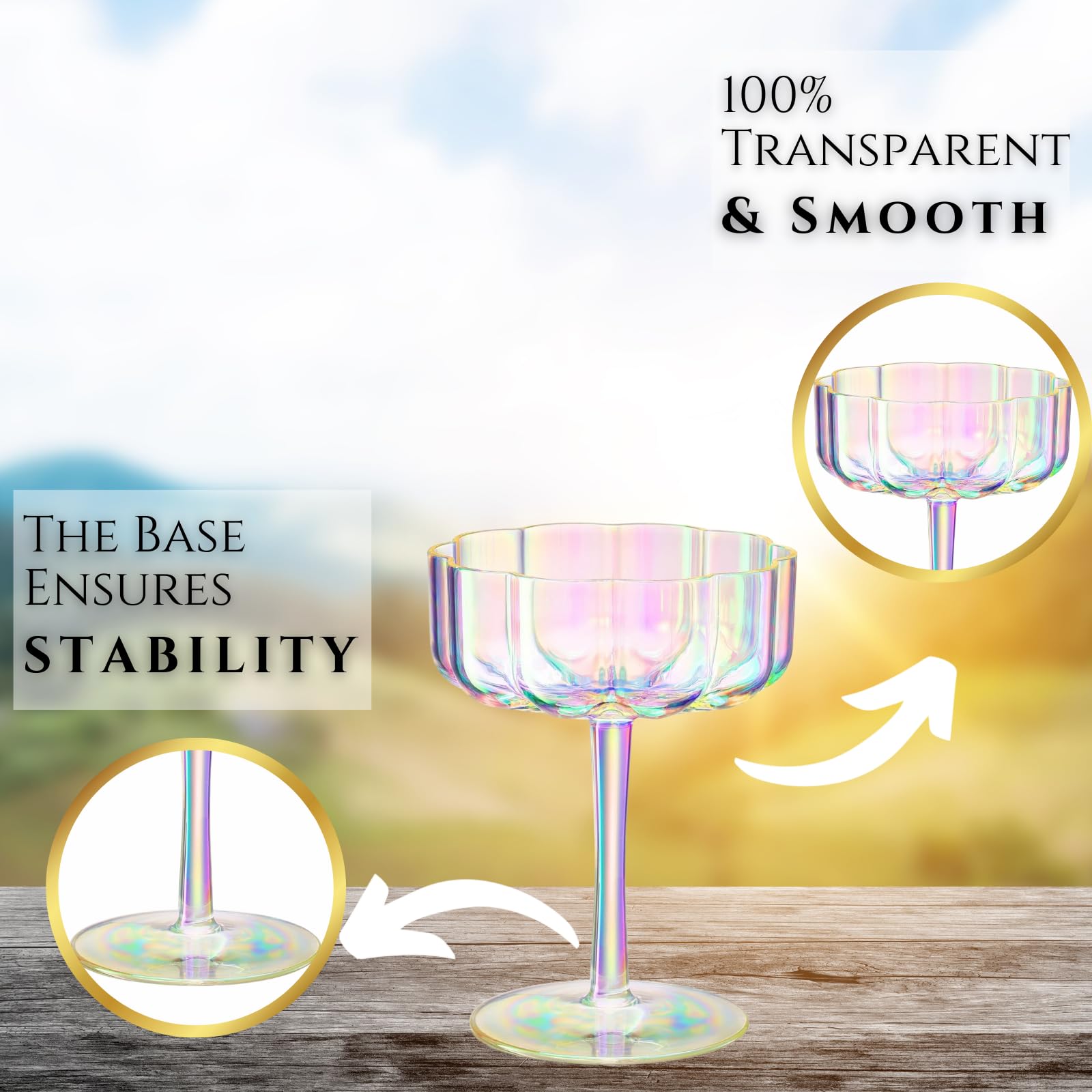 Shatterproof Acrylic Flower Wavy Vintage Art Deco Martini, Champagne & Cocktail Muted Pastel Color Plastic Tritan Coupe Glasses
