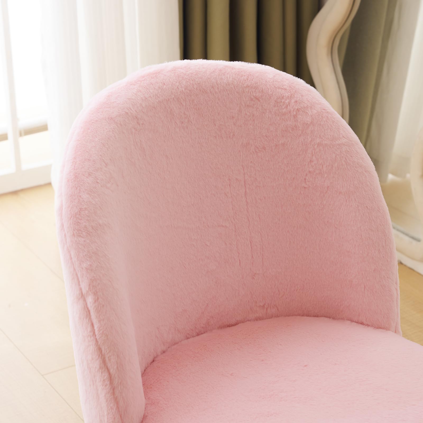 Cute, non-wheeled desk chair with backrest, fluffy cushion, cozy makeup chair with adjustable golden legs