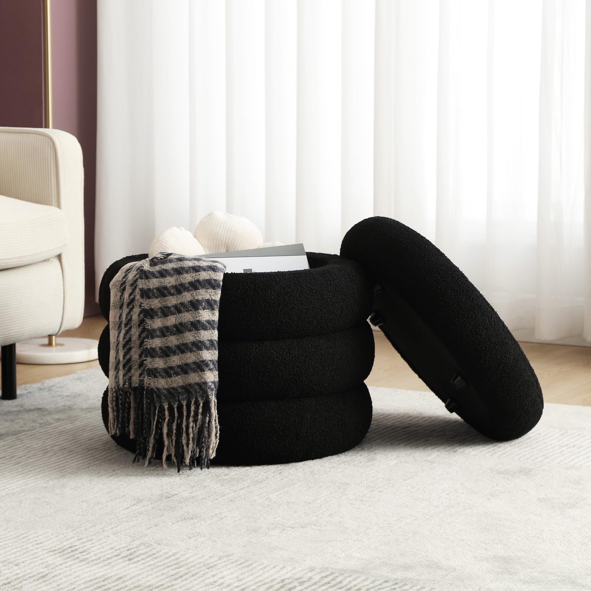 Storage Ottoman Round, Ottoman with Storage, Sherpa Ottoman Storage, (18 Inches x 16 Inches) Set of 2