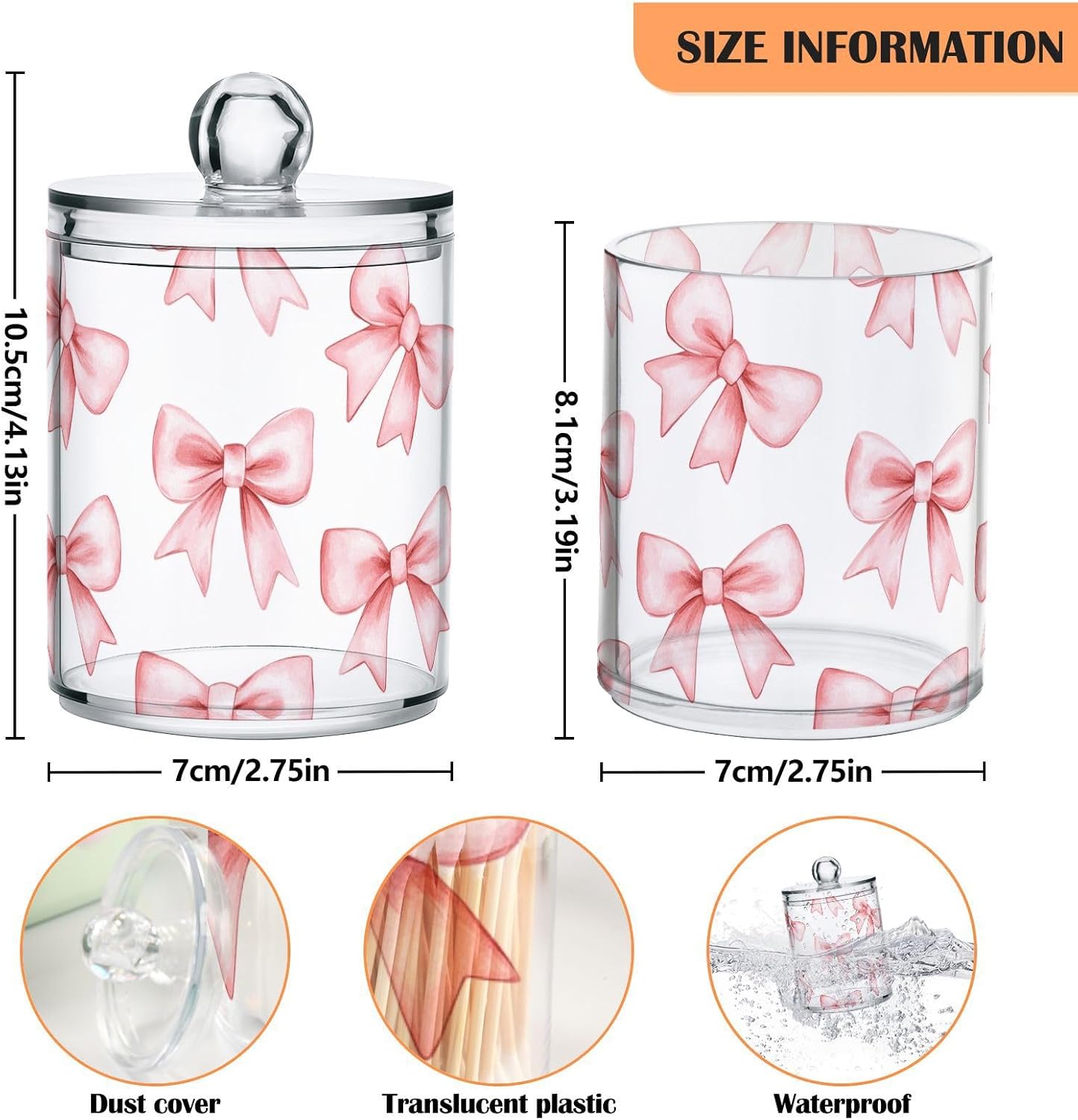 Pink Bow-knot, Cotton Swab Dispenser with Lid Bathroom Containers Canister Organizer Storage Jar 2 Pack