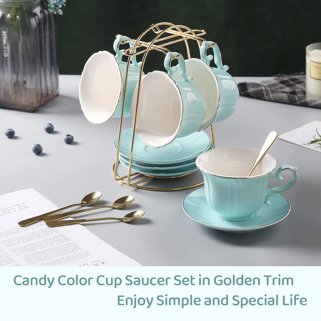 Tea Cups and Saucers with Golden Trim, Petal Edge Coffee Cups with Metal Stand