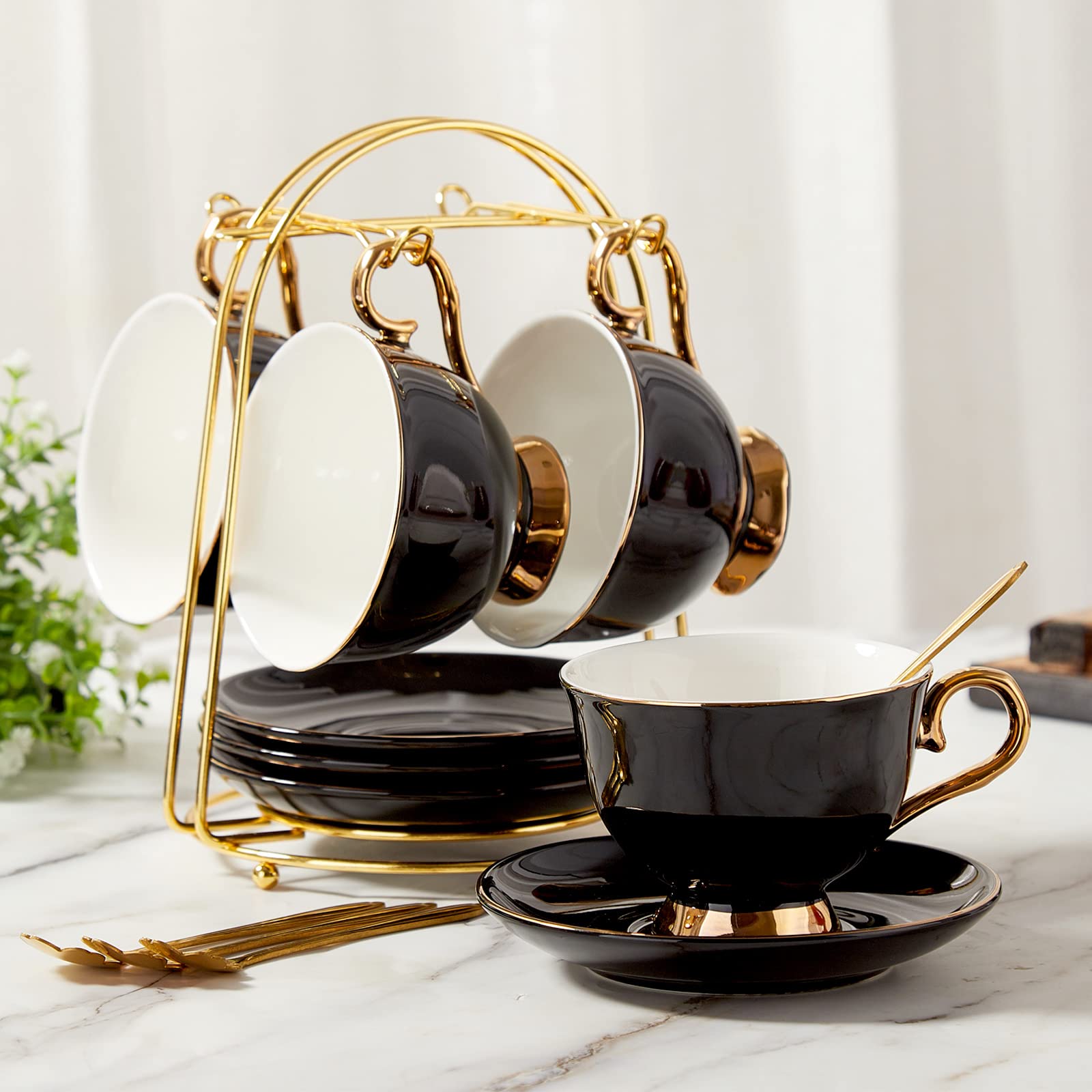 Tea Cups and Saucers with Golden Trim, Petal Edge Coffee Cups with Metal Stand