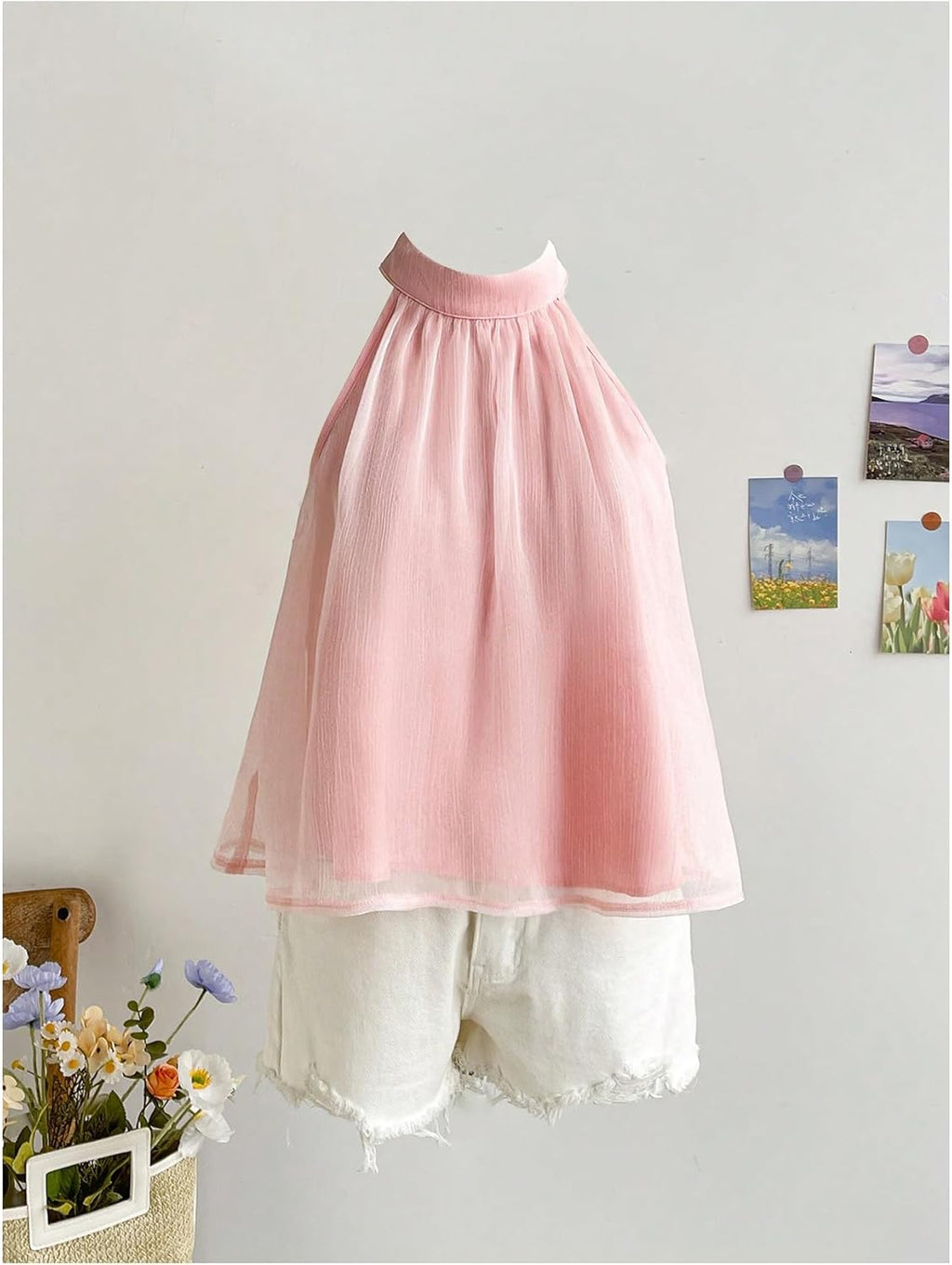 Women's Bow Knot Mesh Sheer Blouse Sleeveless Halter Flared Hem Cute Summer Top