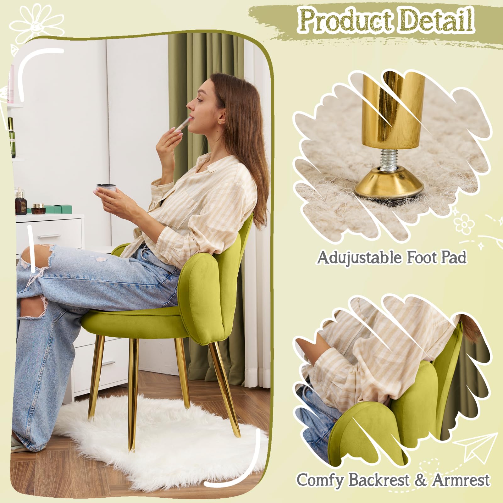 Cute, non-wheeled desk chair with backrest, fluffy cushion, cozy makeup chair with adjustable golden legs