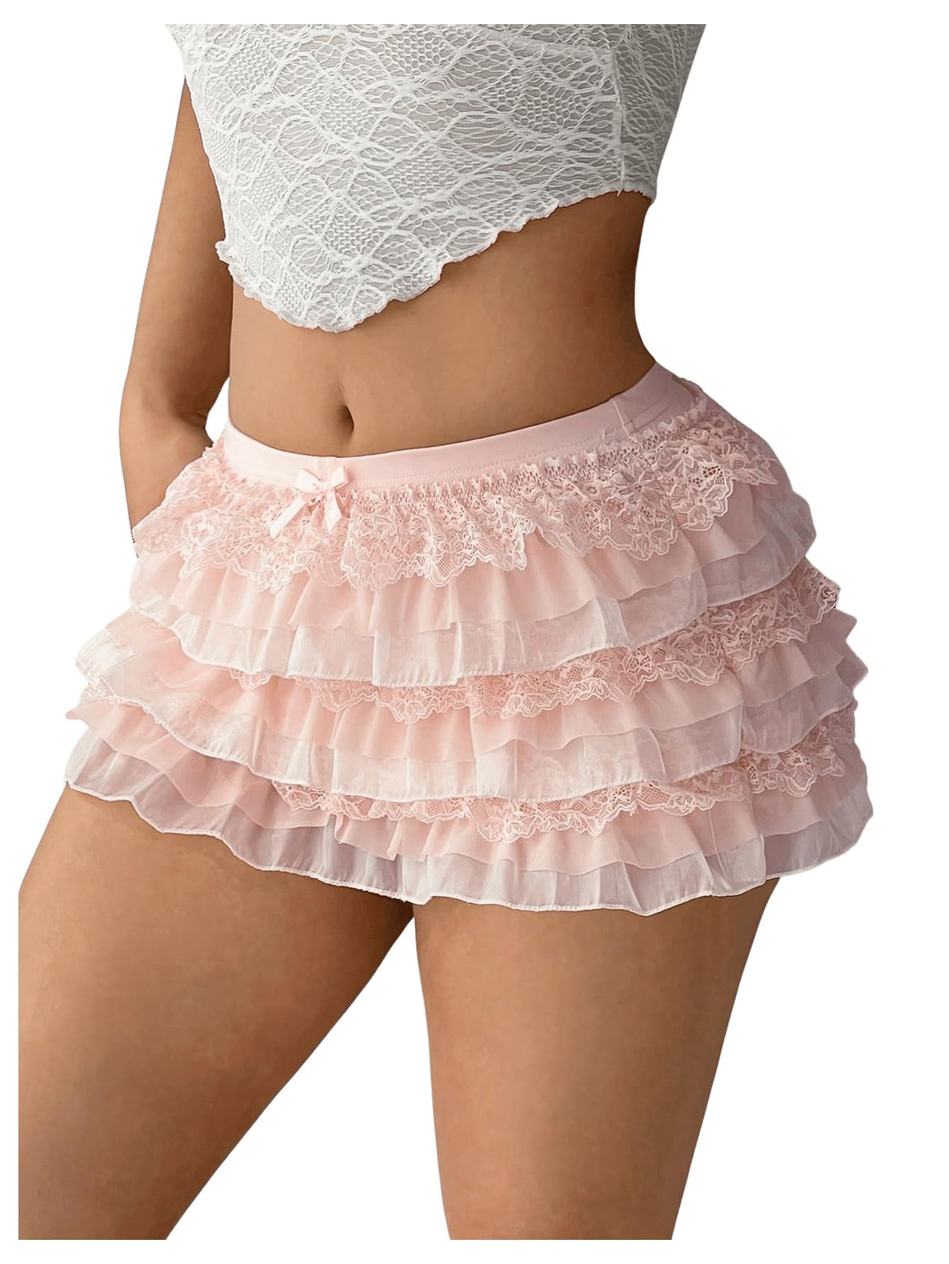Women's Bow Mini Shorts Low Rise Lace Layered Ruffle Shorts Cute Lolita Bloomers