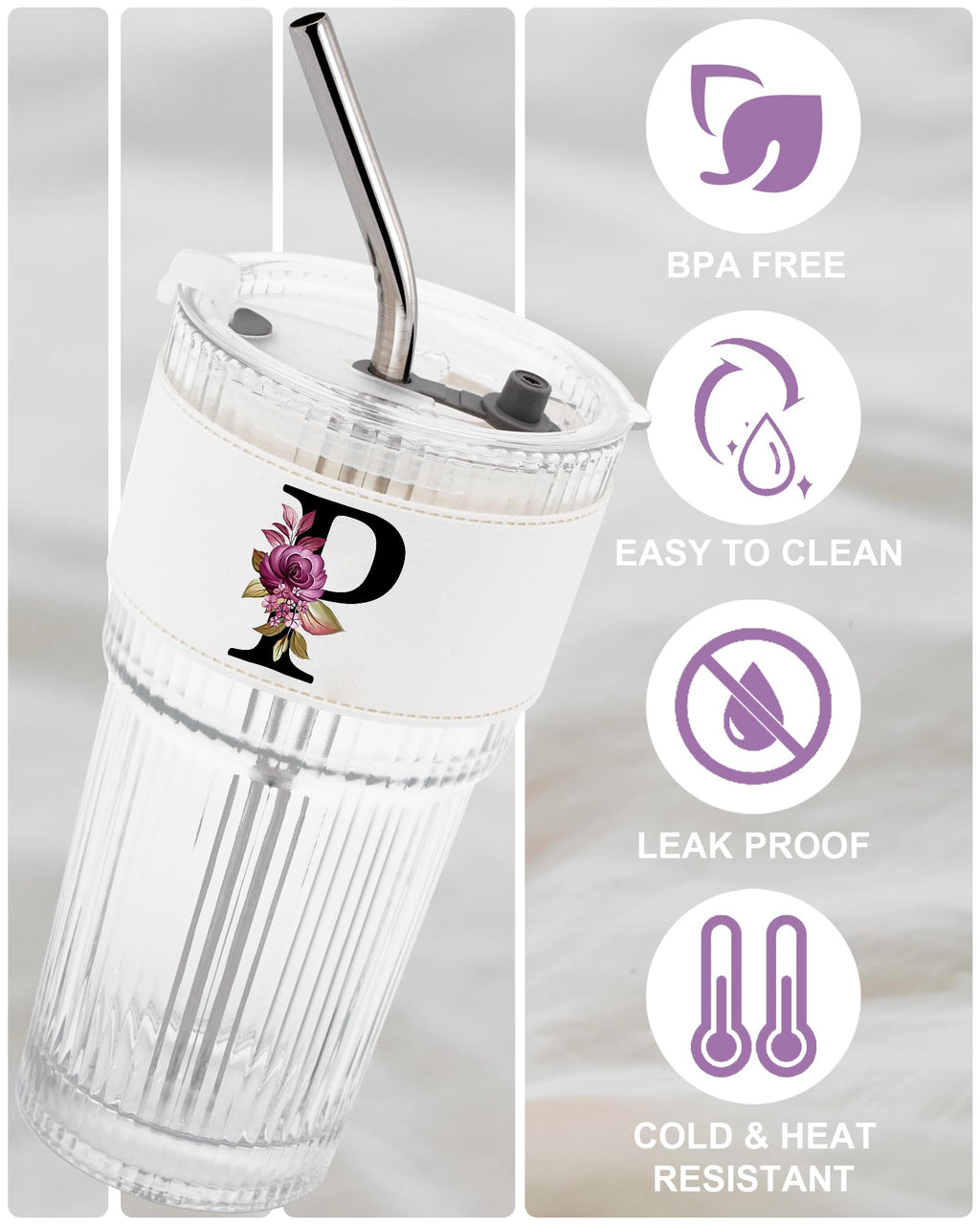 Initial Glass Cup with Lid Straw Ribbed Ice Tea Clear Tumbler Her Sister Coffee Matcha Latte Girlfriend Gf Aunt Best Friend Friendship Bestie Wife Cute Asthetic Unique Birthday Personalized Gift K