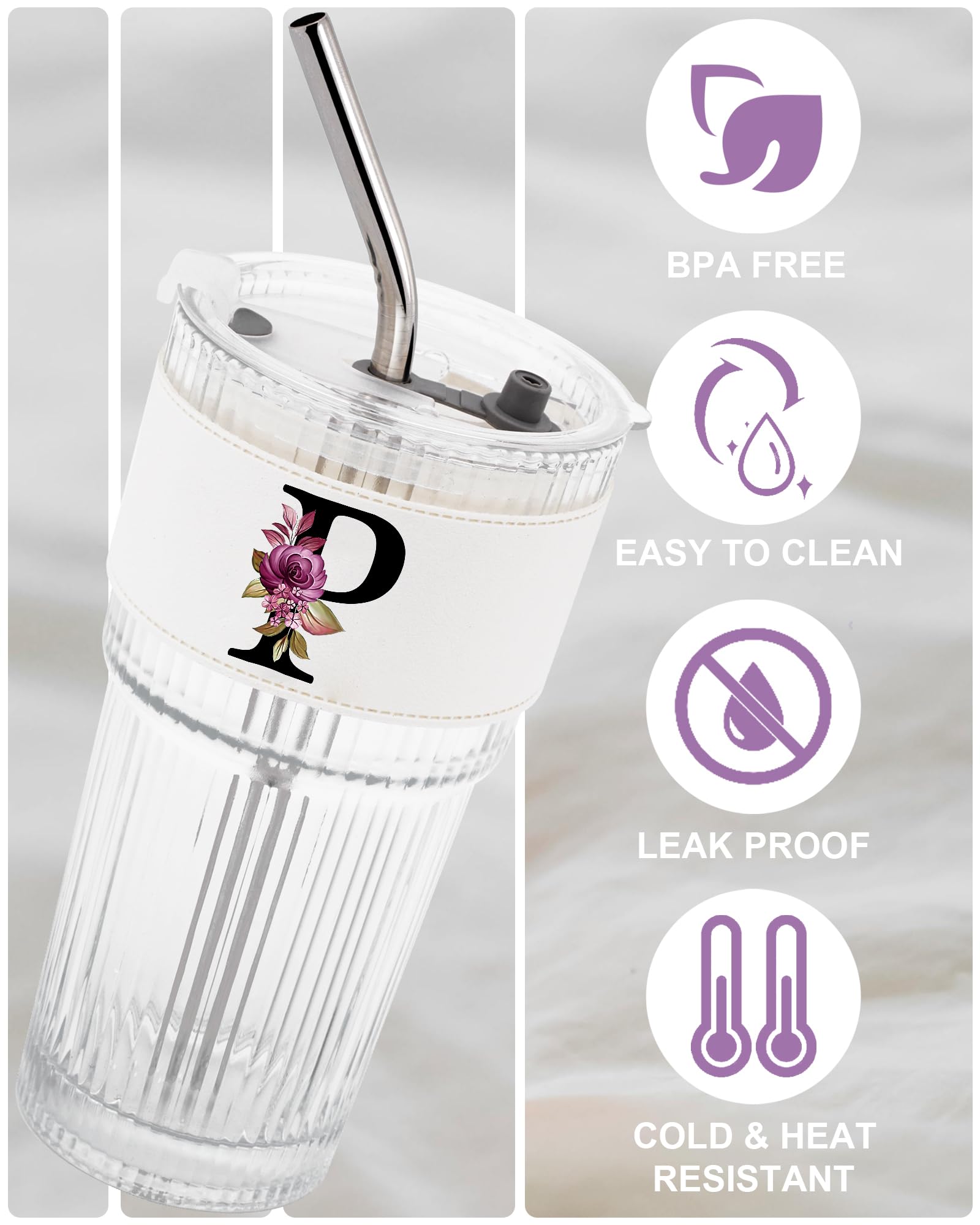 Initial Glass Cup with Lid Straw Ribbed Ice Tea Clear Tumbler Her Sister Coffee Matcha Latte Girlfriend Gf Aunt Best Friend Friendship Bestie Wife Cute Asthetic Unique Birthday Personalized Gift K