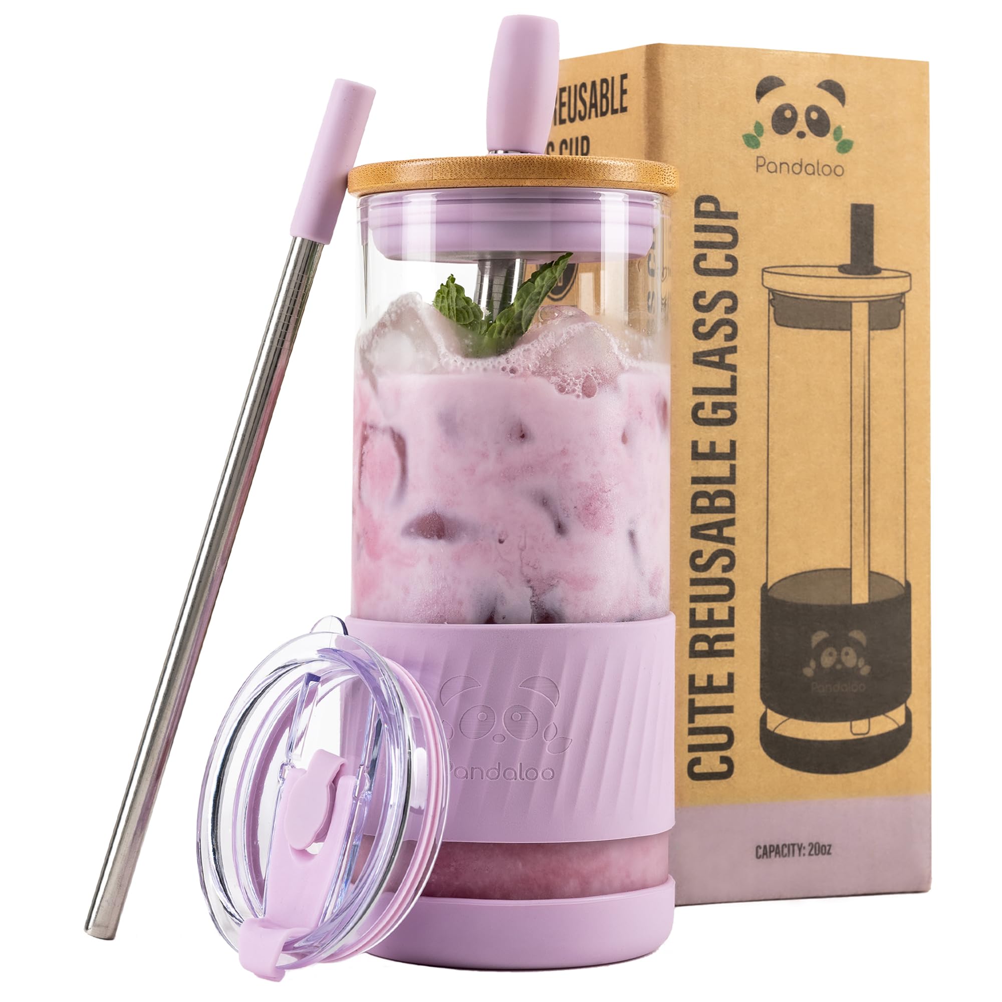 Pandaloo® Glass Cups With Lids and Straws -20 Fl Oz- Perfect Size Iced Coffee Cup - Smoothie Cup With Bamboo Lid and On the go Lid - Glass Tumbler With Straw