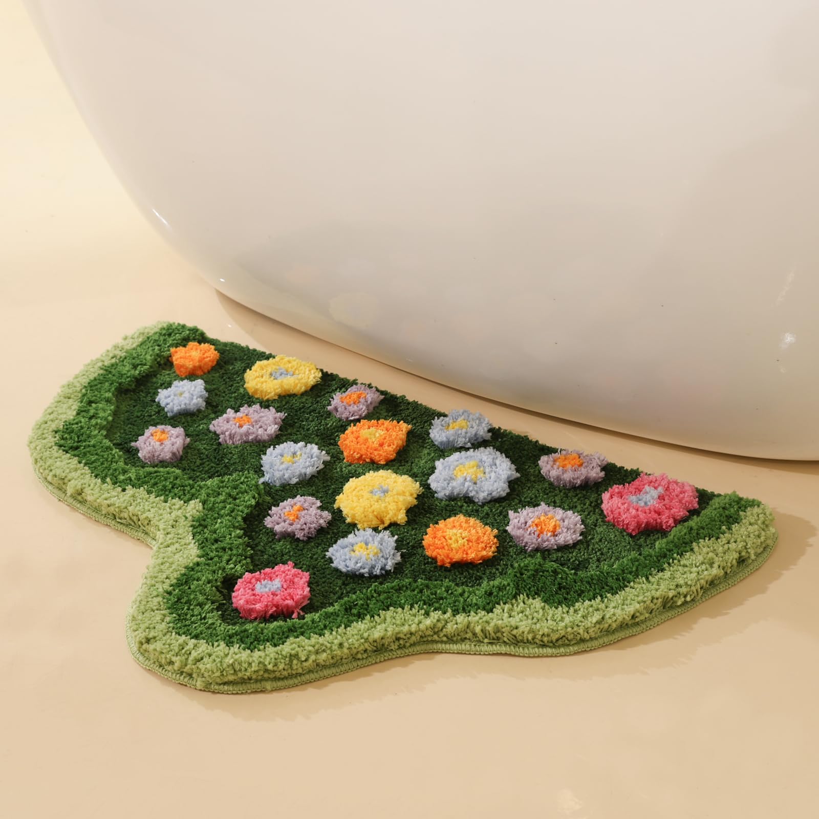 Moss Green Toilet Rugs, Luxury Tufted Extra Thick U-Shaped Toilet Rug,Cute Flower Green Moss Bath Mat Non Slip - Washable Water Absorbent Shag Bathroom Rugs for Bath